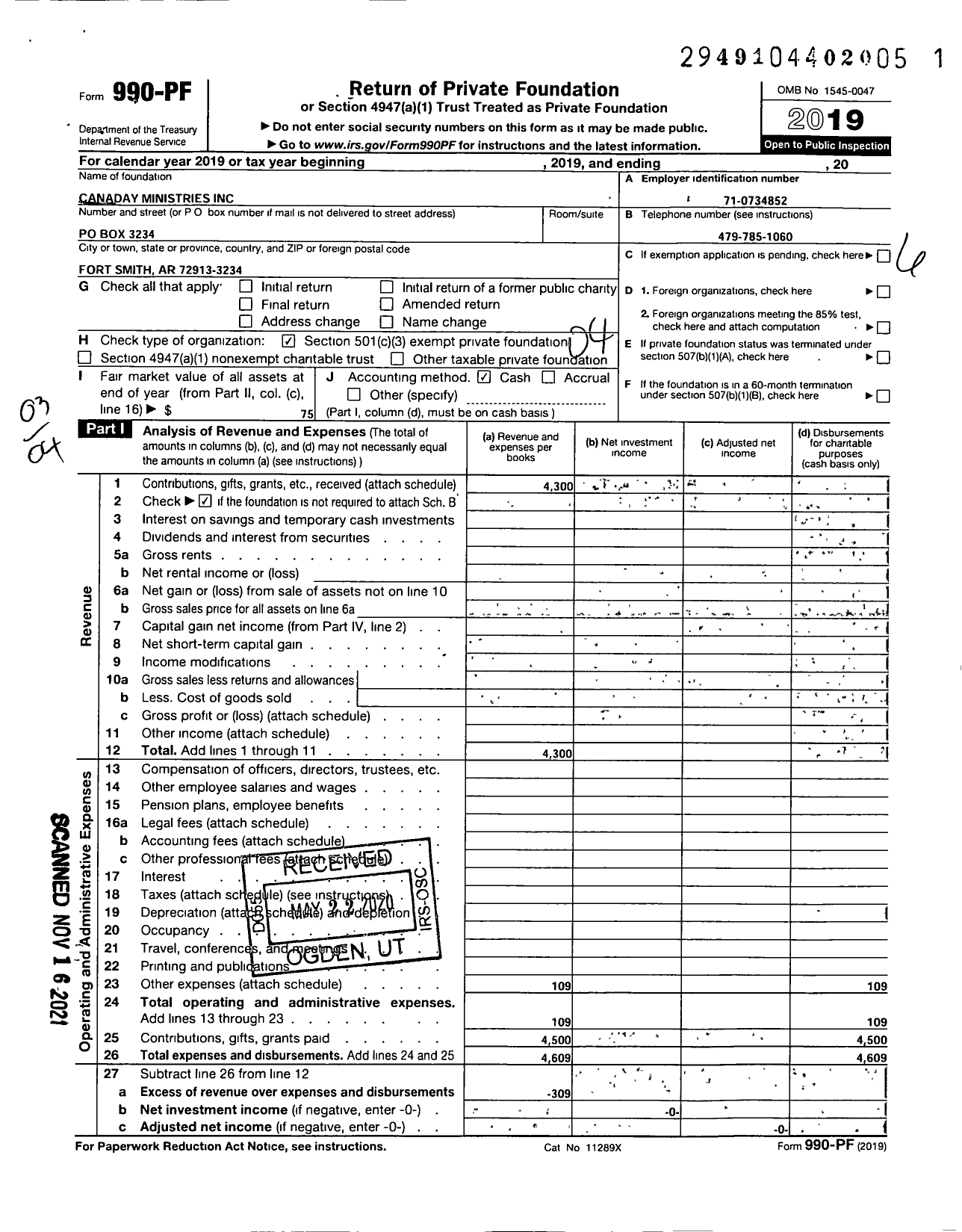 Image of first page of 2019 Form 990PF for Canaday Ministries