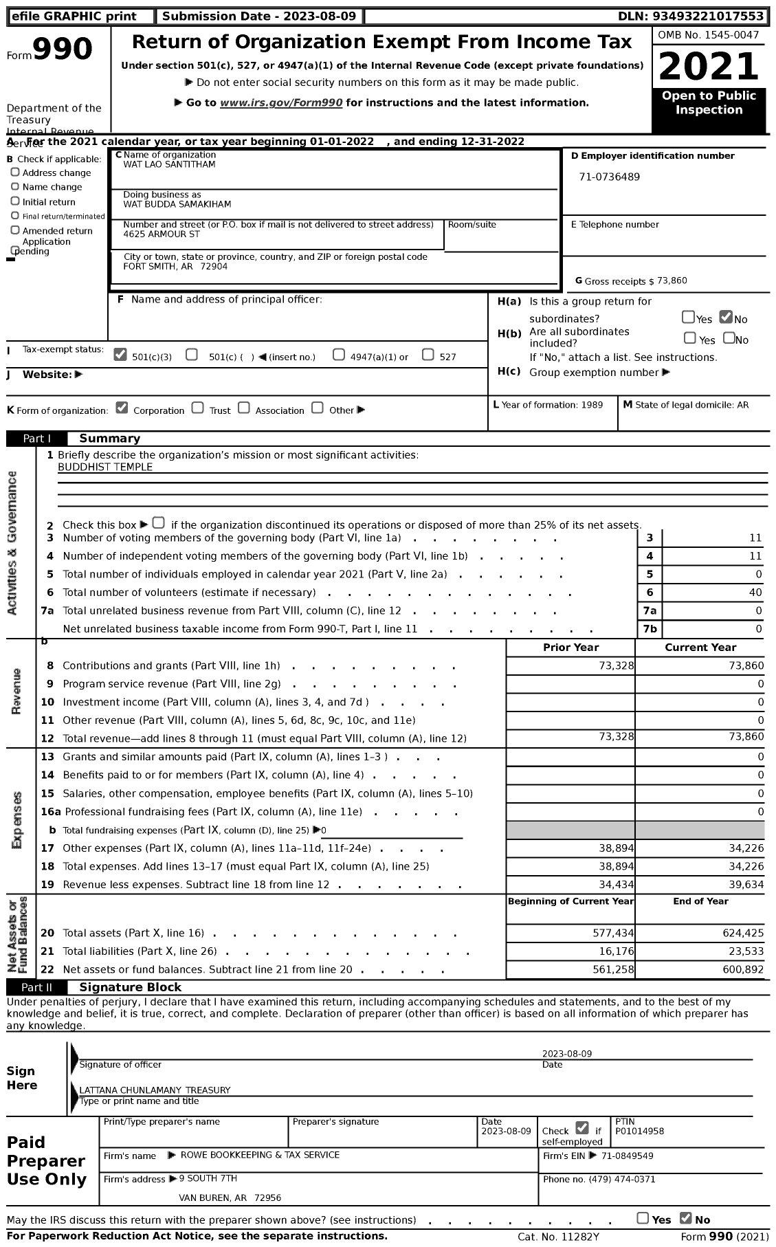 Image of first page of 2022 Form 990 for Wat Budda Samakiham