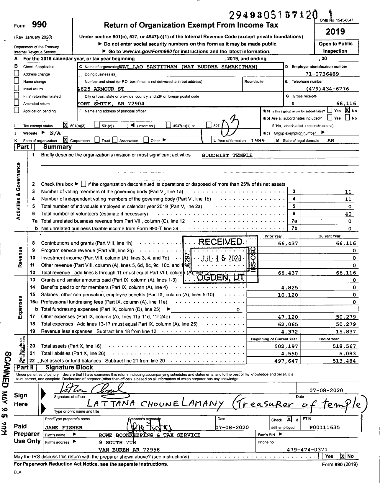 Image of first page of 2019 Form 990 for Wat Budda Samakiham