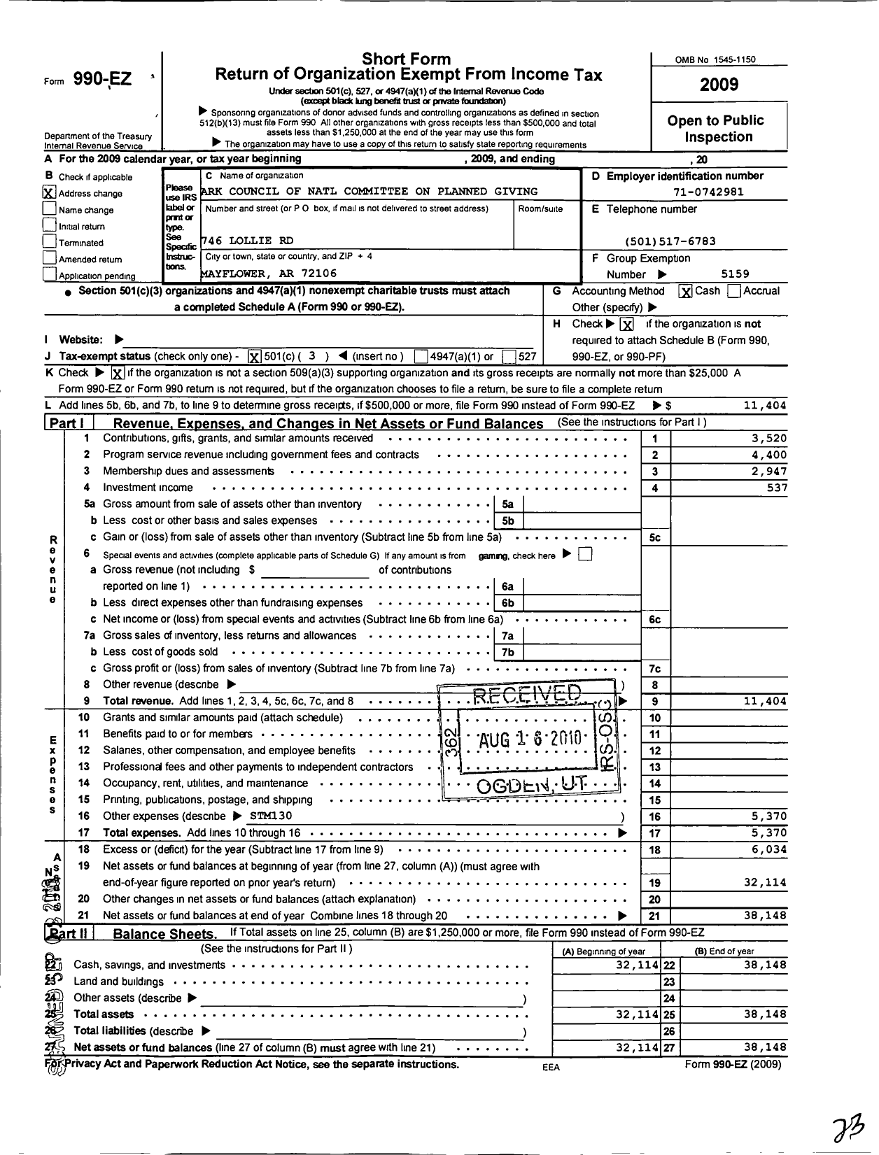 Image of first page of 2009 Form 990EZ for National Association of Charitable Gift Planners / PPP Arkansas Char Gift Plan Council