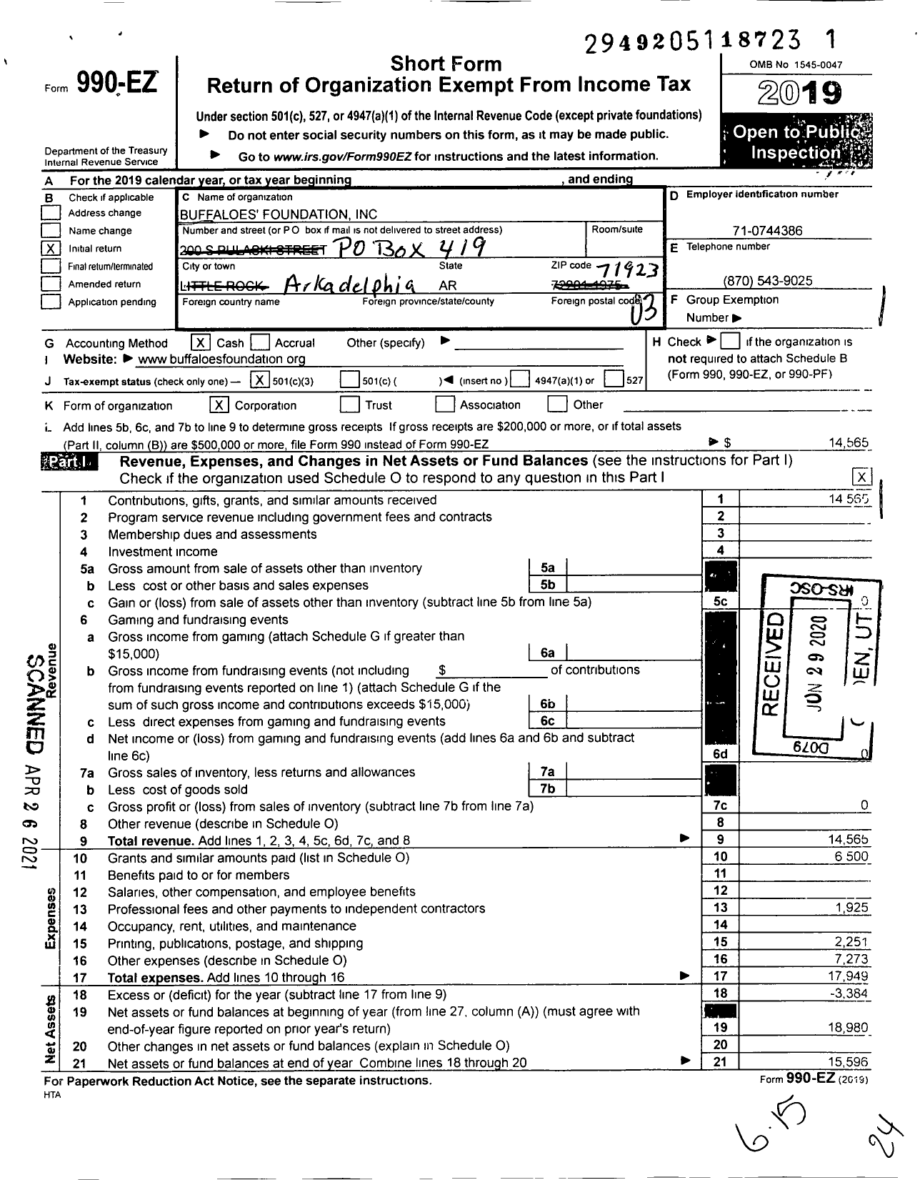 Image of first page of 2019 Form 990EZ for Buffaloes Foundation