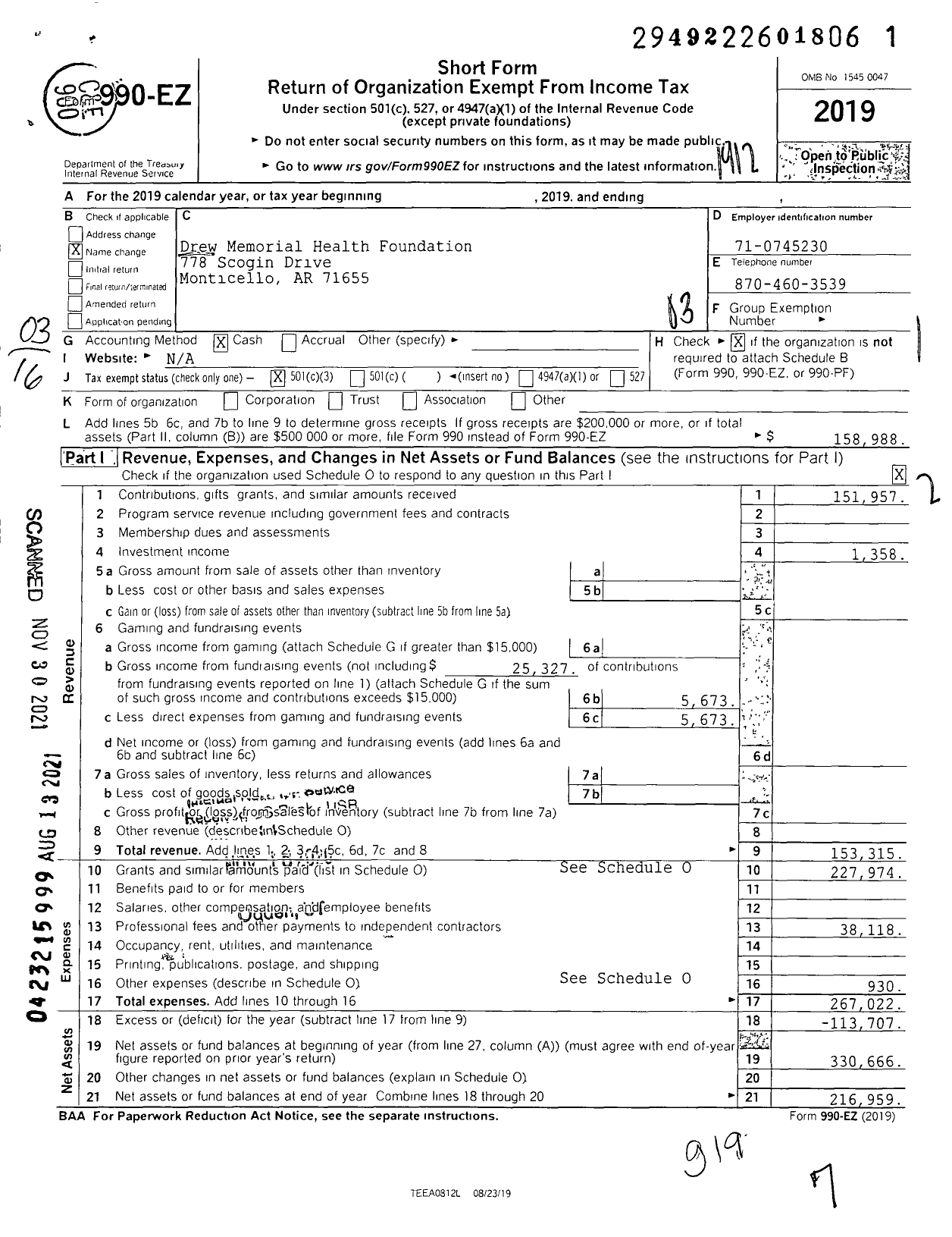 Image of first page of 2019 Form 990EZ for Drew Memorial Health Foundation