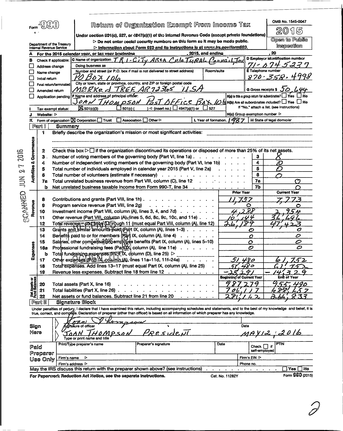 Image of first page of 2015 Form 990 for Tri-City Area Cultural Council