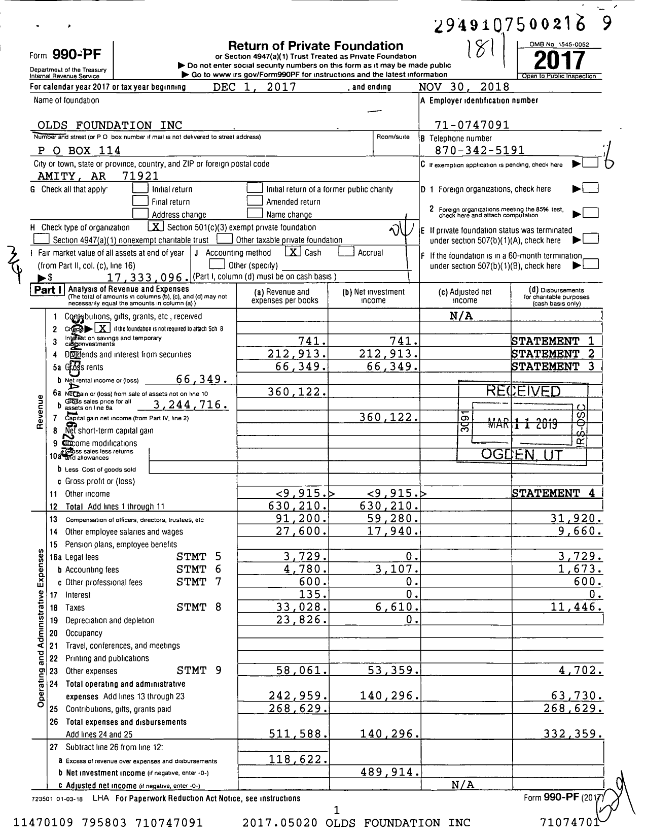 Image of first page of 2017 Form 990PF for Olds Foundation