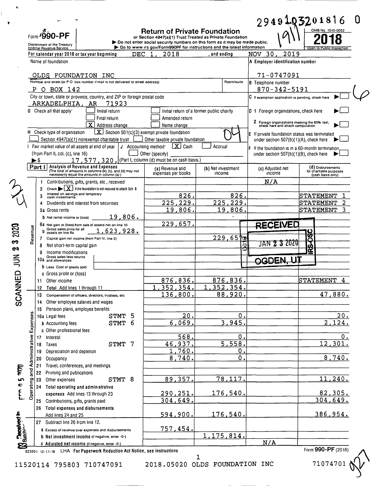 Image of first page of 2018 Form 990PR for Olds Foundation