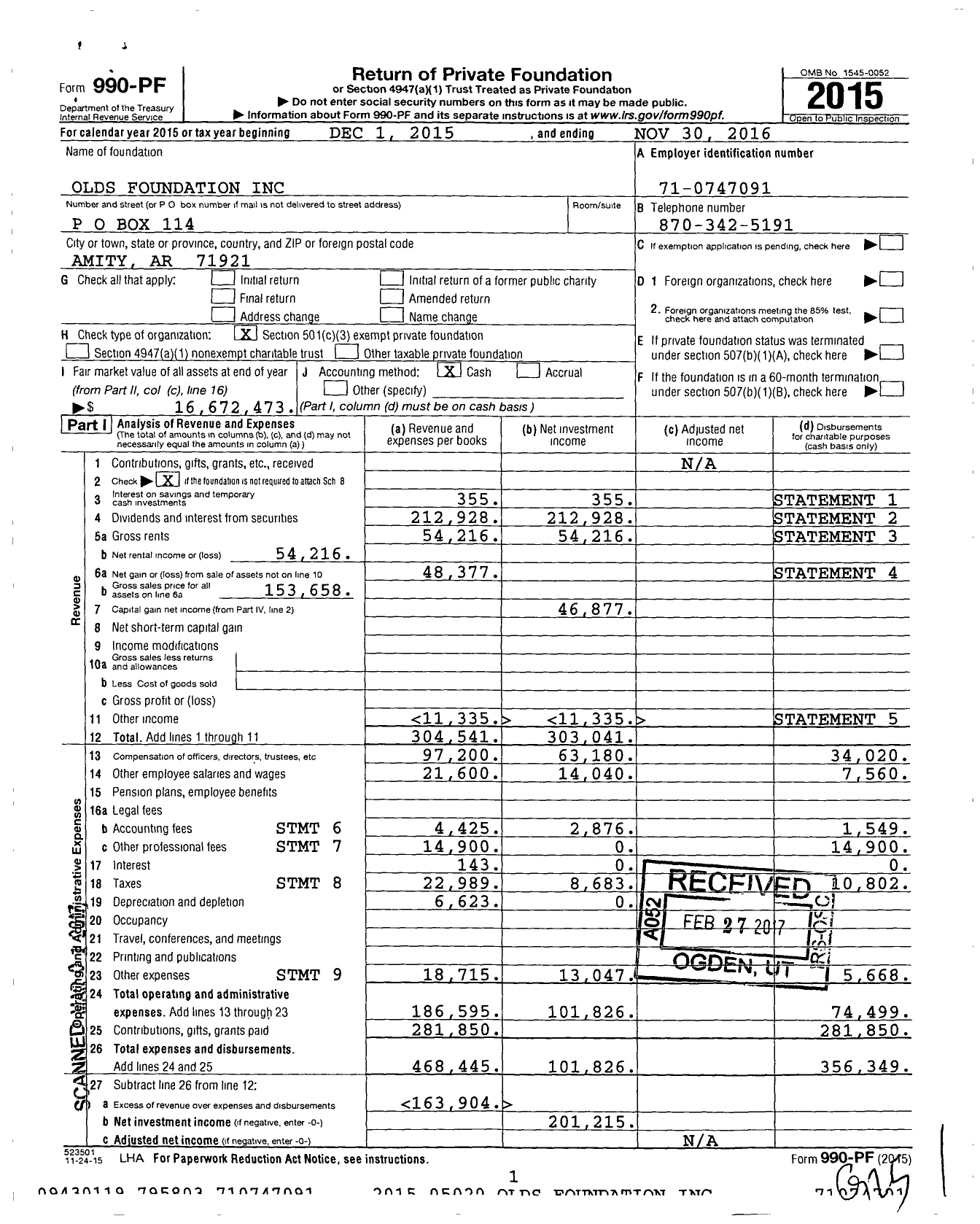 Image of first page of 2015 Form 990PF for Olds Foundation