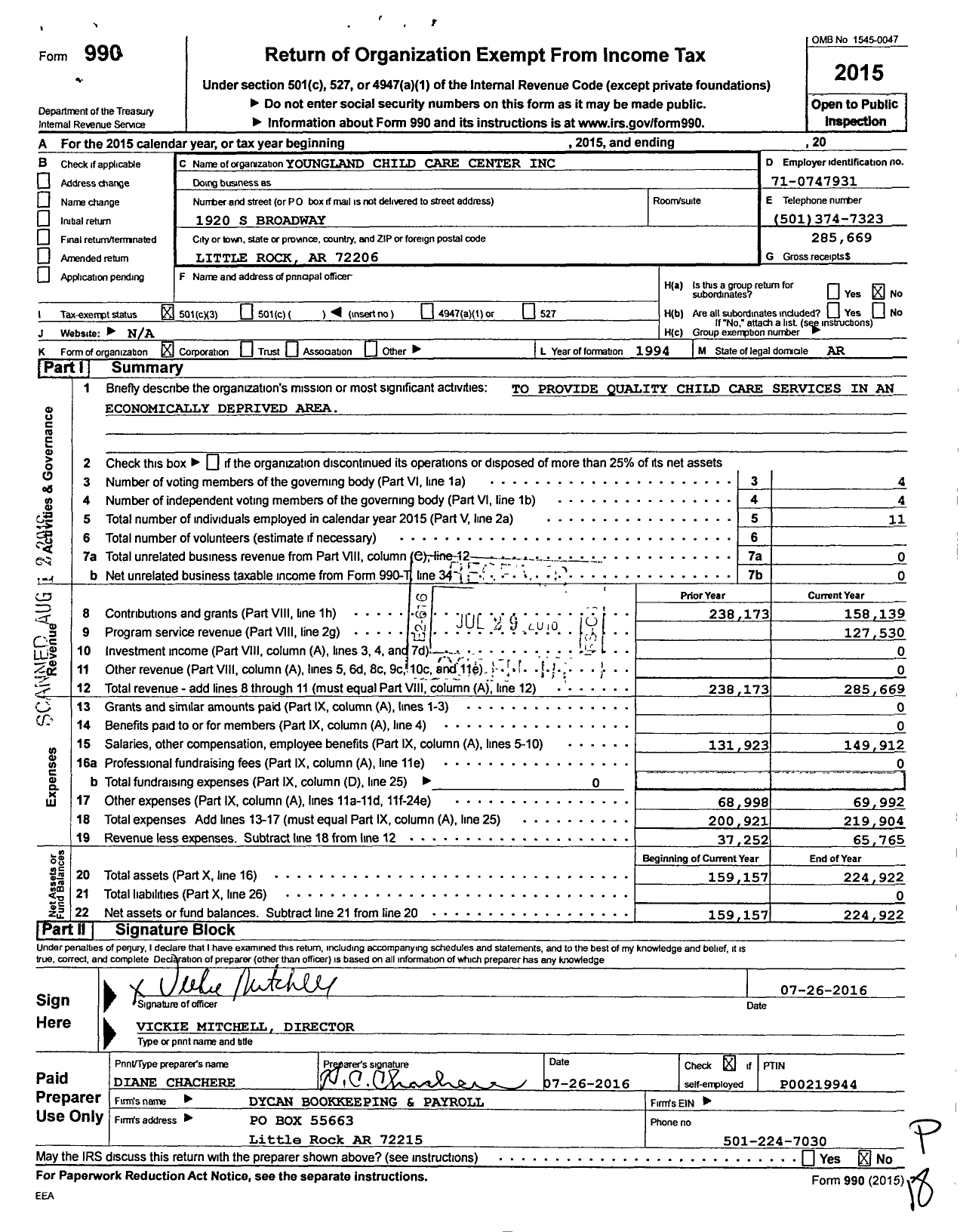 Image of first page of 2015 Form 990 for Youngland Child Care Center