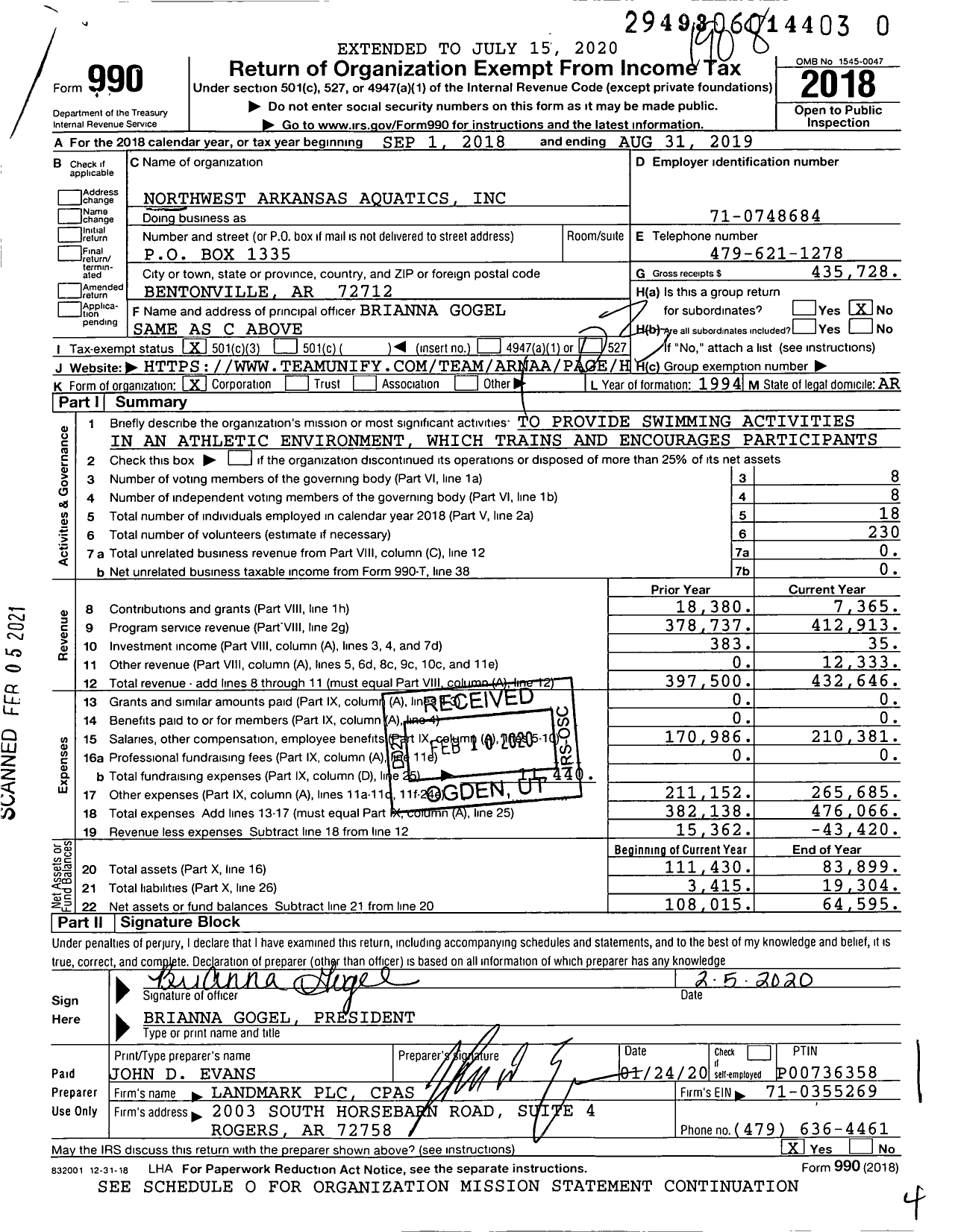 Image of first page of 2018 Form 990 for Northwest Arkansas Aquatics