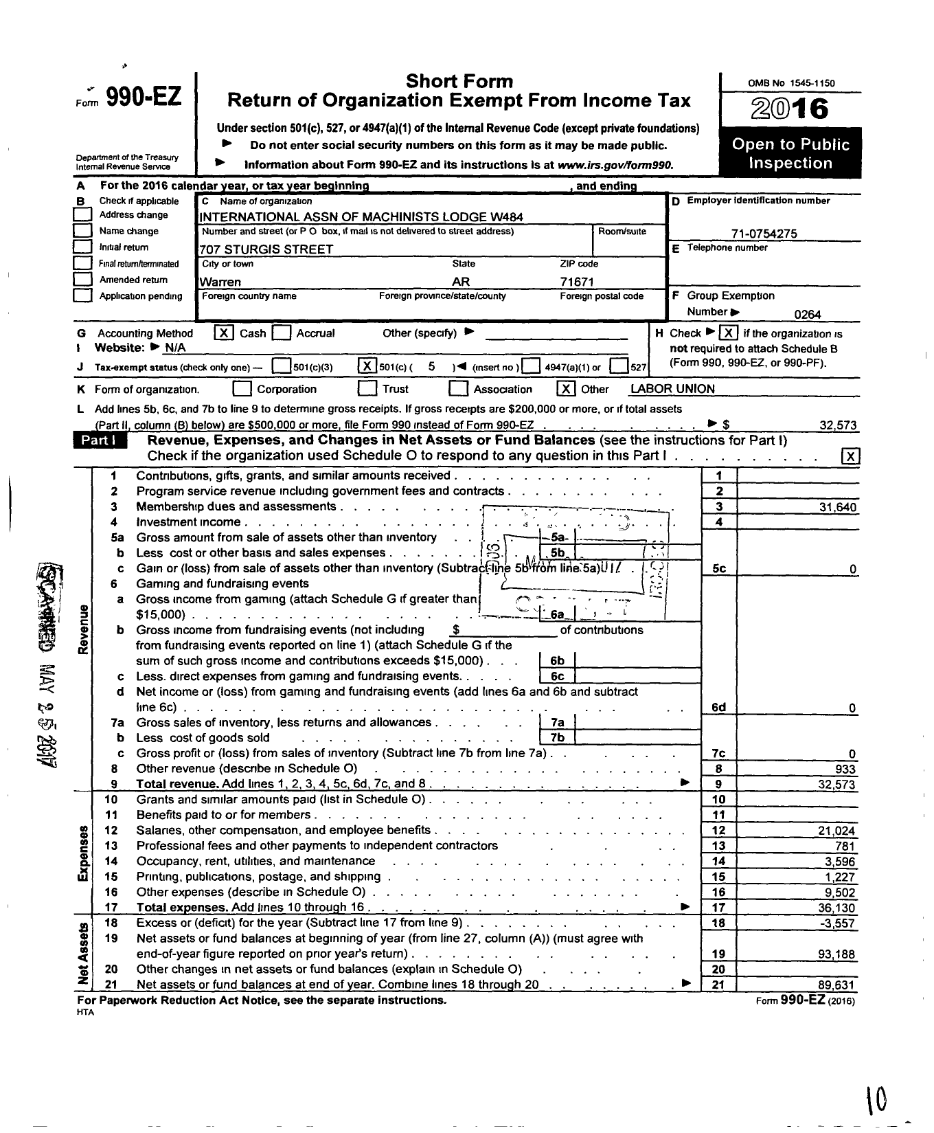 Image of first page of 2016 Form 990EO for International Association of Machinists and Aerospace Workers - W484 Iam Local Lodge