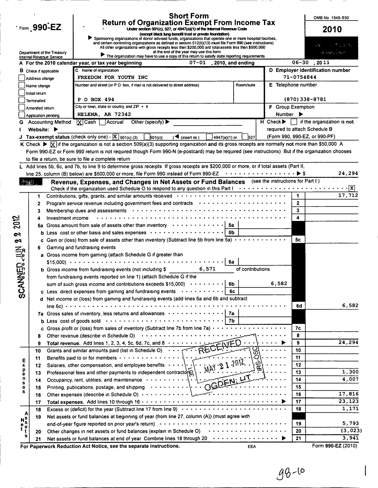 Image of first page of 2010 Form 990EZ for Freedom for Youth