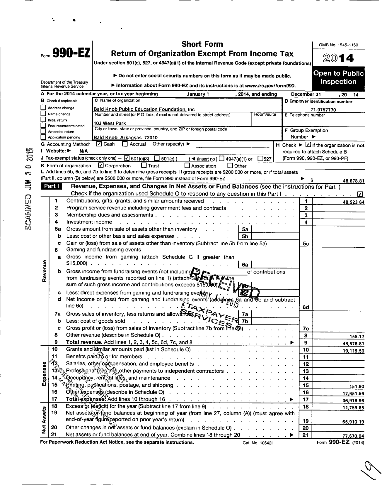 Image of first page of 2014 Form 990EZ for The Bald Knob Public Education Foundation