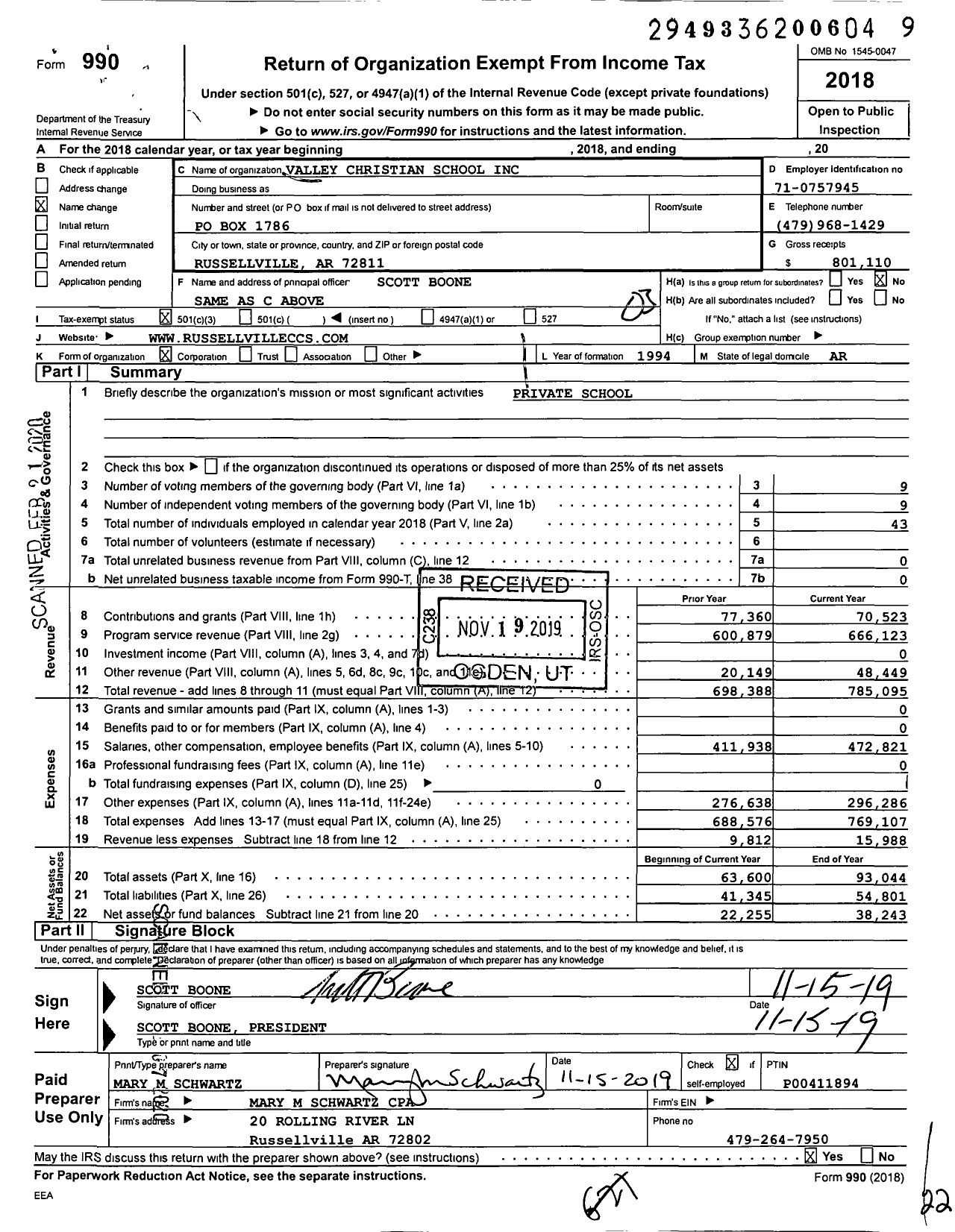 Image of first page of 2018 Form 990 for Valley Christian School / Community Christian School Inc