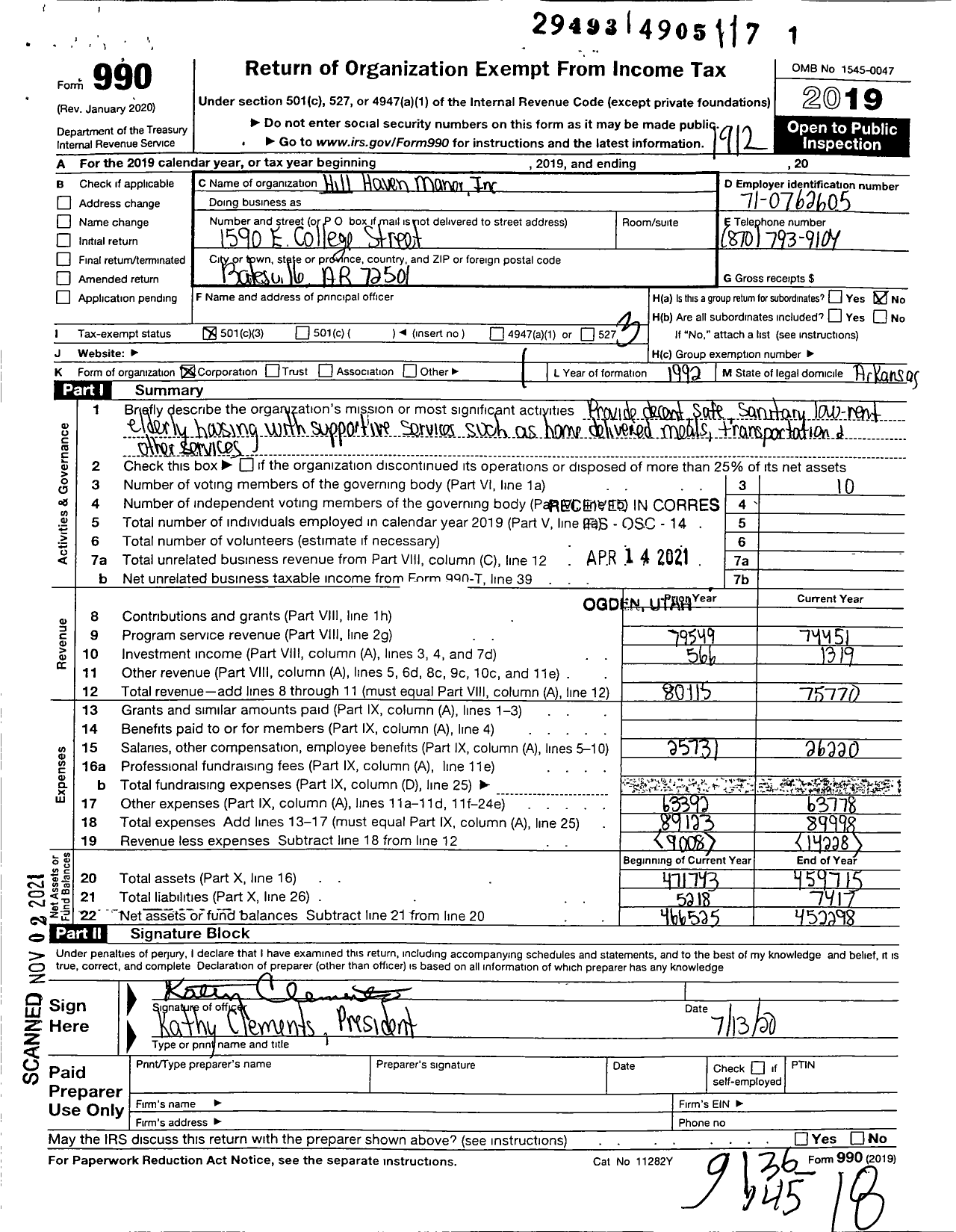 Image of first page of 2019 Form 990 for Hill Haven Manor