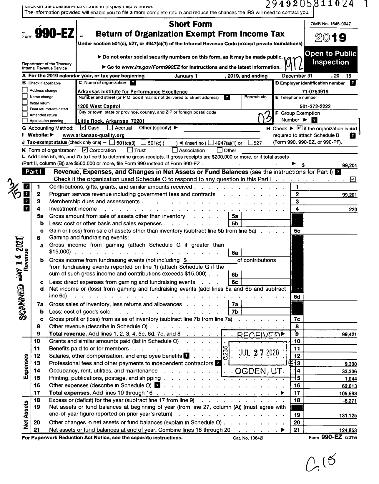 Image of first page of 2019 Form 990EZ for Arkansas Institute for Performance Excellence