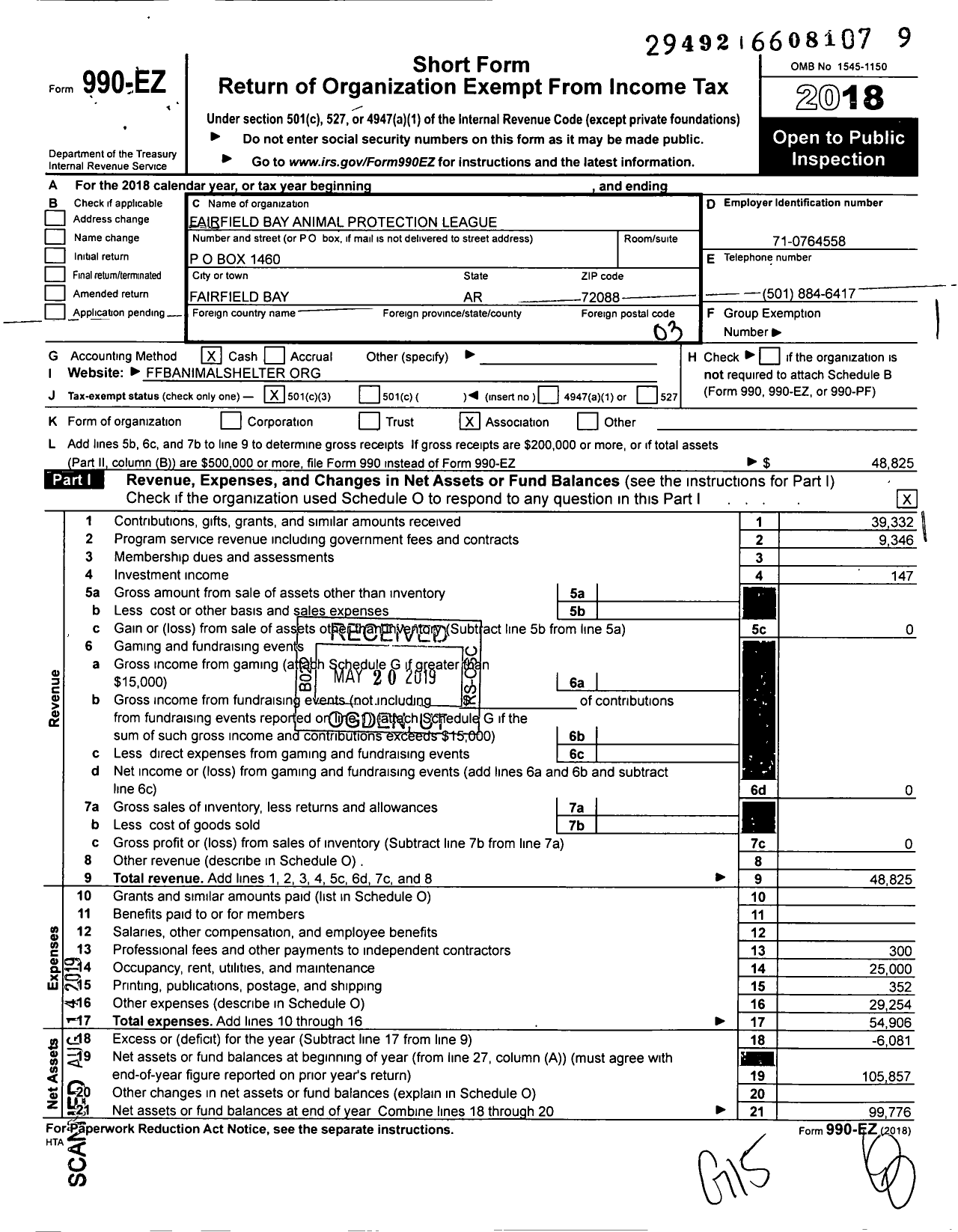 Image of first page of 2018 Form 990EZ for Fairfield Bay Animal Protection League