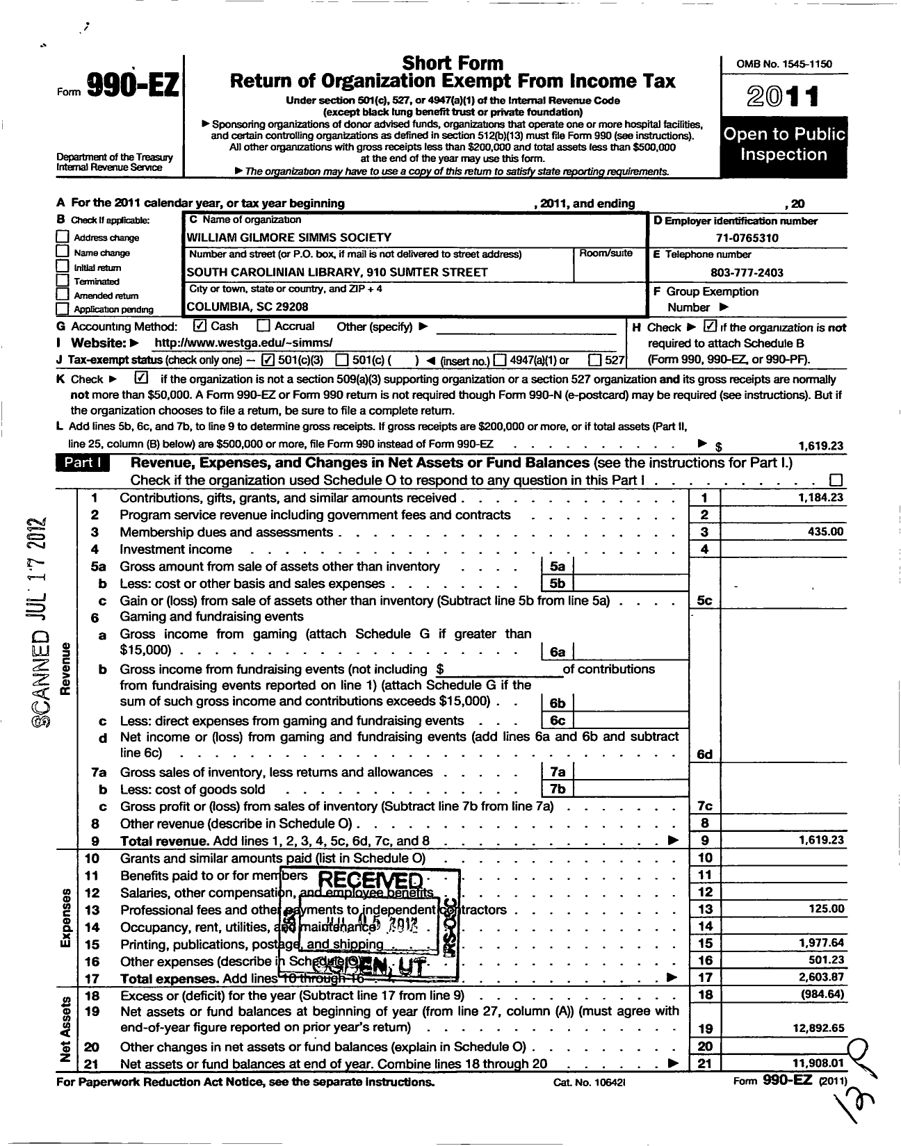 Image of first page of 2011 Form 990EZ for William Gilmore Simms Society