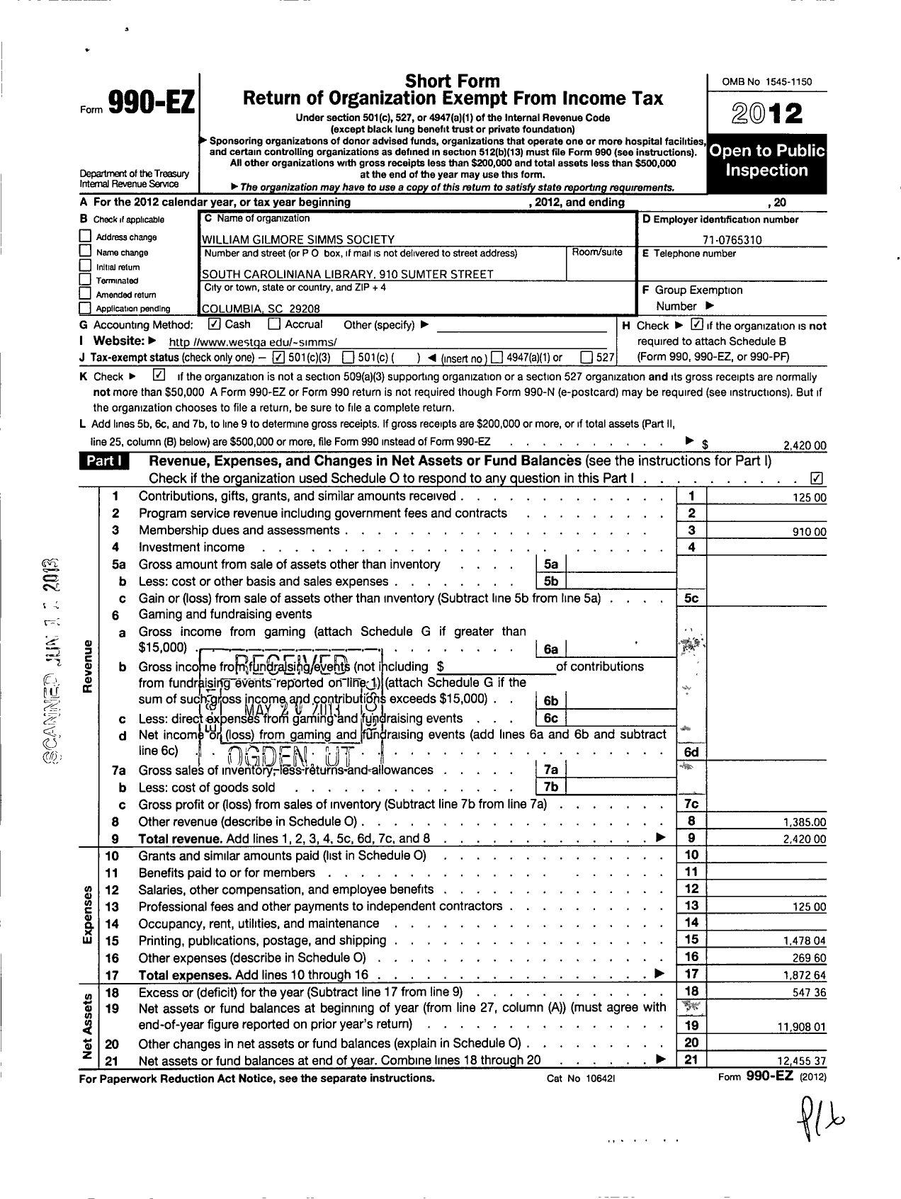 Image of first page of 2012 Form 990EZ for William Gilmore Simms Society