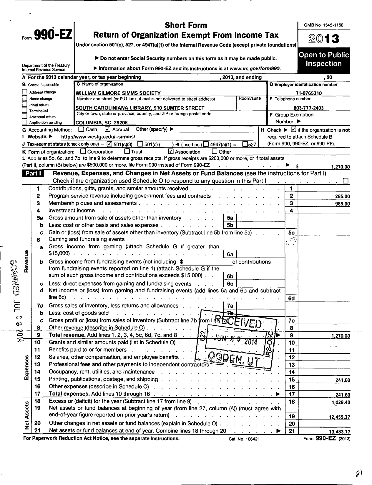 Image of first page of 2013 Form 990EZ for William Gilmore Simms Society