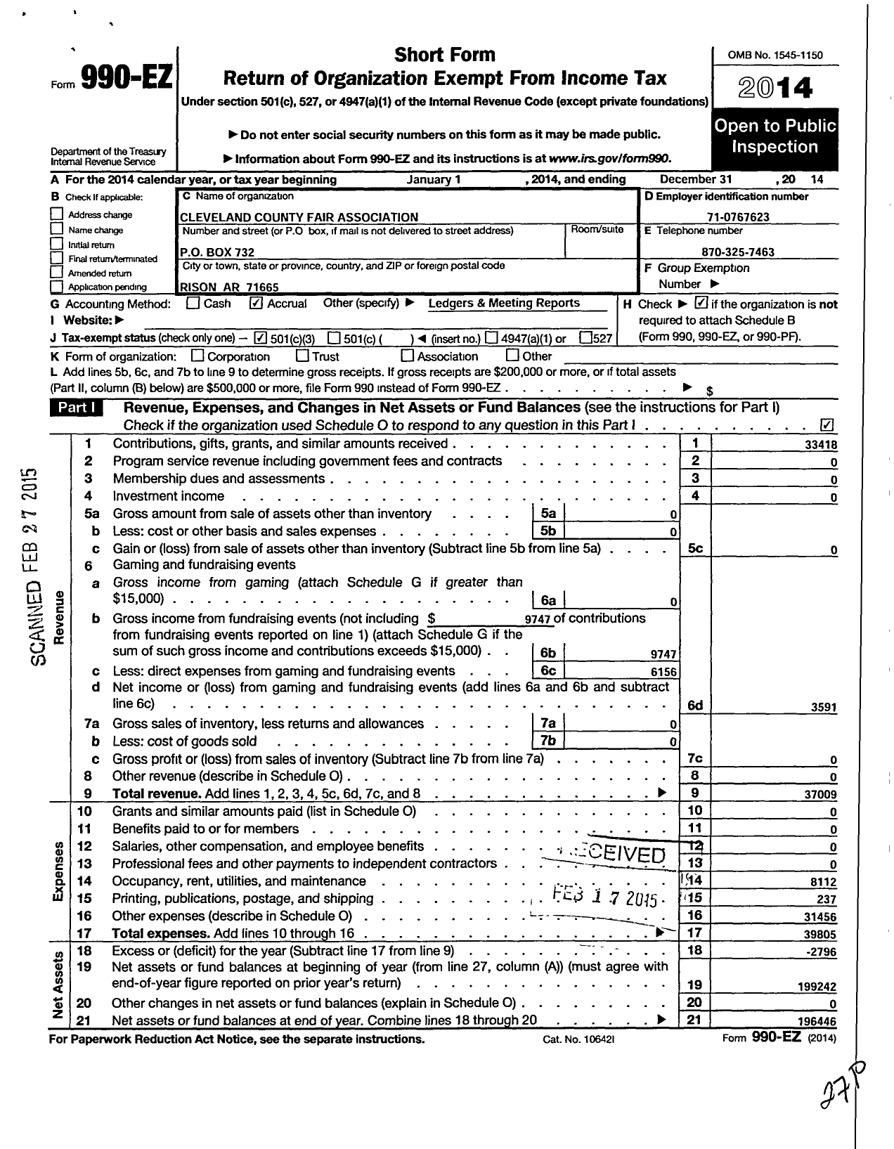 Image of first page of 2014 Form 990EZ for Cleveland County Fair Association