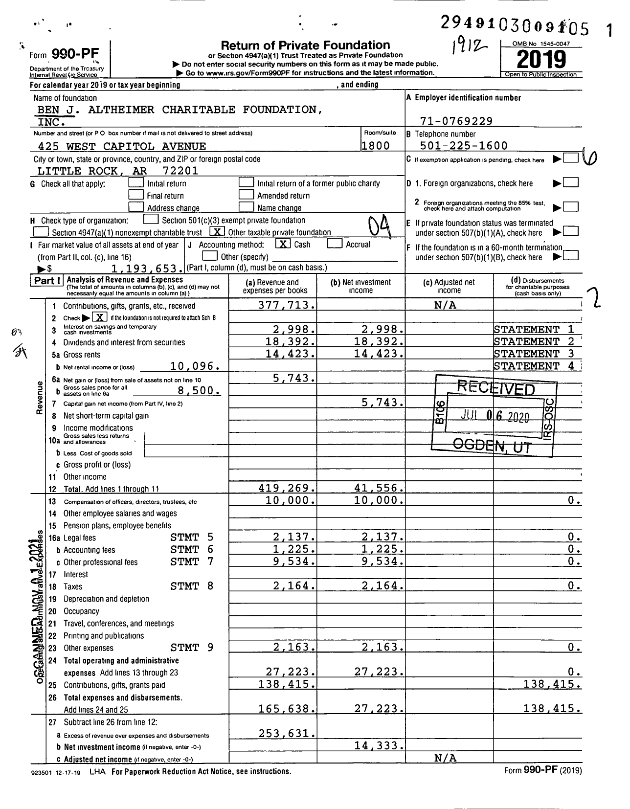 Image of first page of 2019 Form 990PF for Ben J Altheimer Charitable Foundation