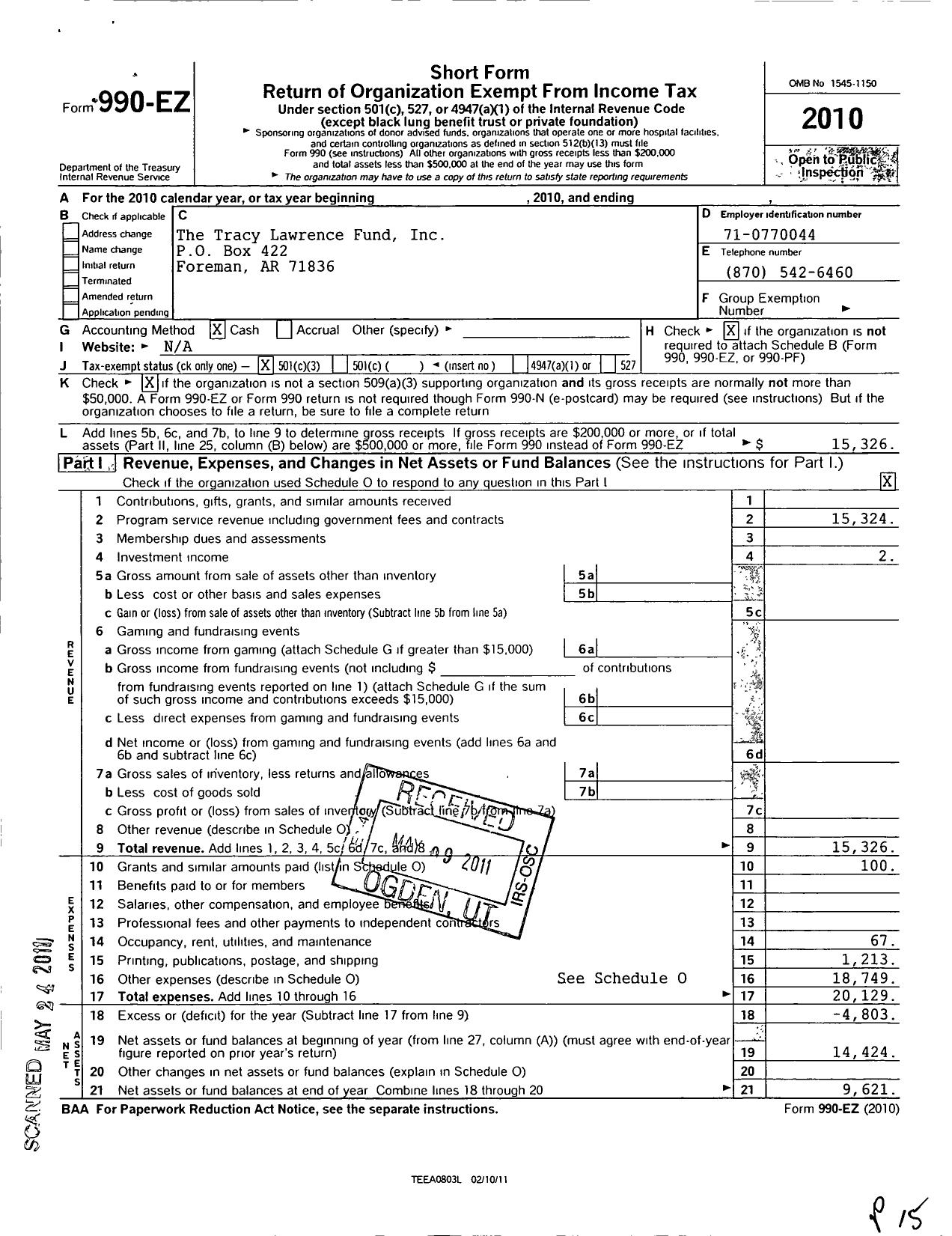 Image of first page of 2010 Form 990EZ for The Tracy Lawrence Fund