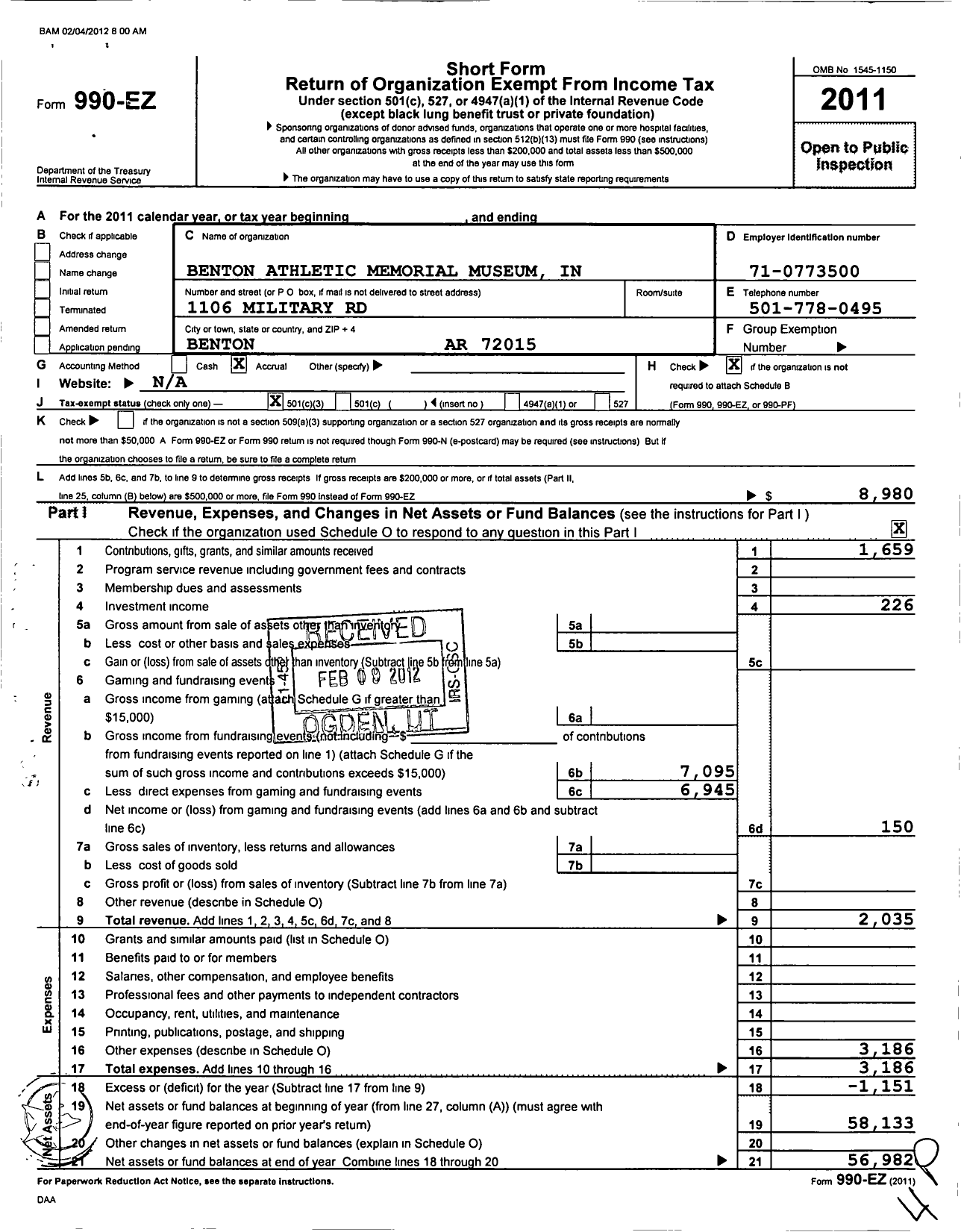 Image of first page of 2011 Form 990EZ for Benton Athletic Memorial Museum