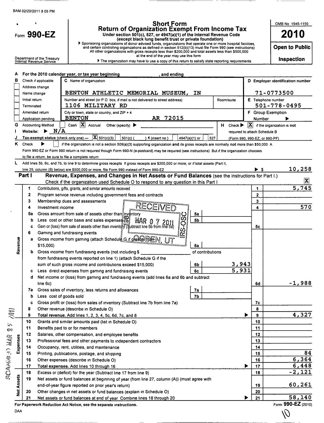 Image of first page of 2010 Form 990EZ for Benton Athletic Memorial Museum