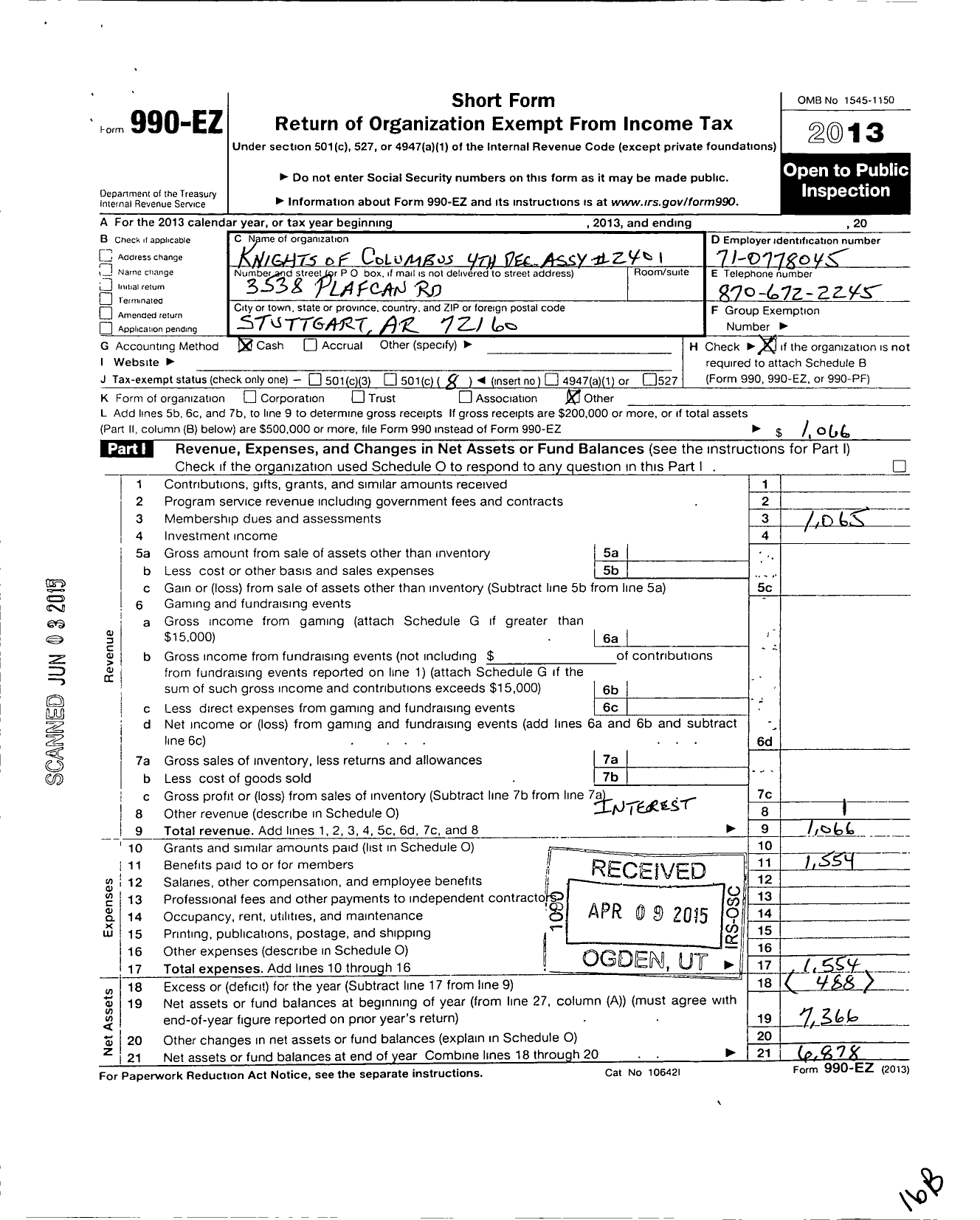 Image of first page of 2013 Form 990EO for Knights of Columbus - 2401 Grand Prairie Assembly