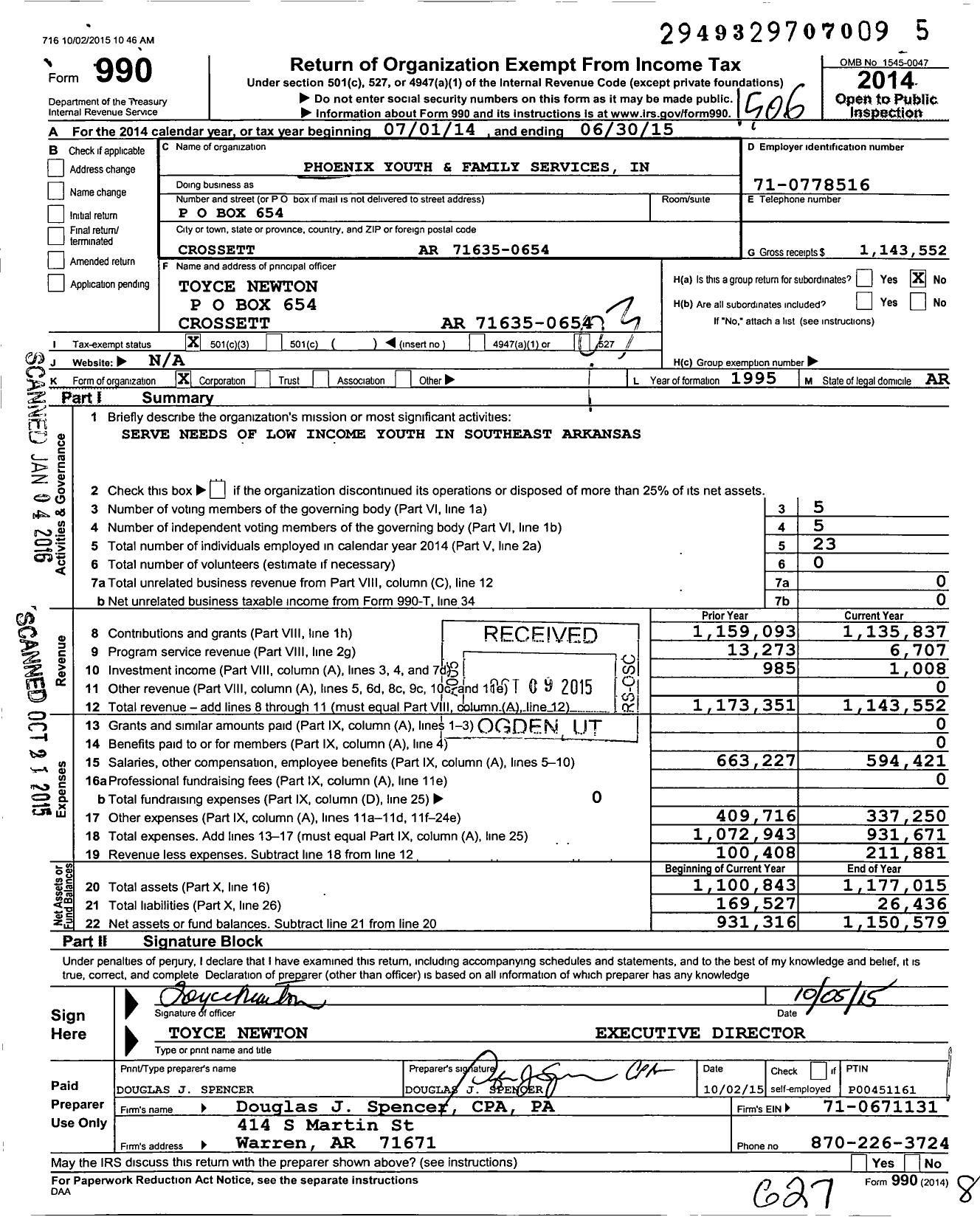 Image of first page of 2014 Form 990 for Phoenix Youth and Family Services