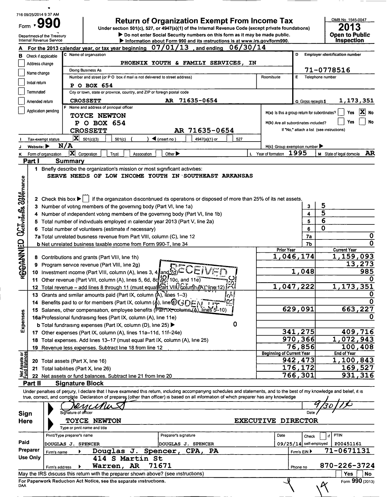 Image of first page of 2013 Form 990 for Phoenix Youth and Family Services