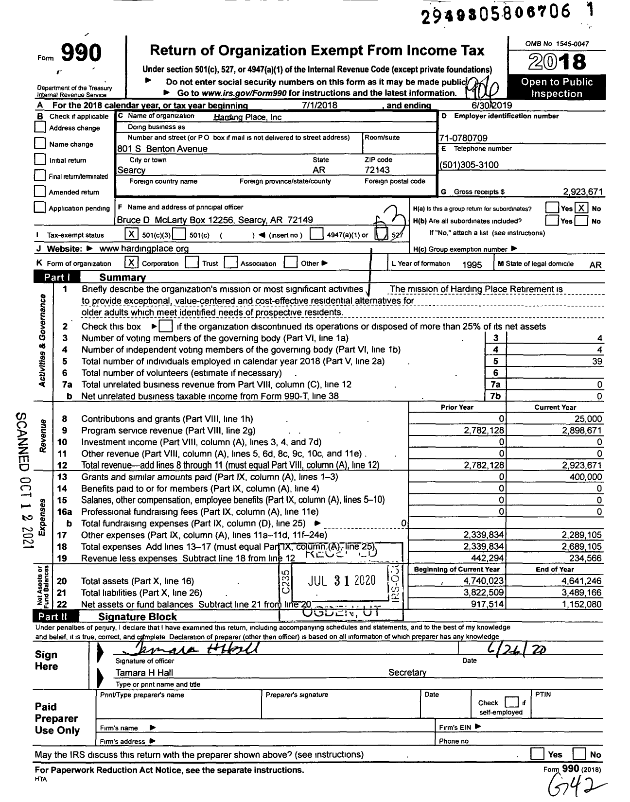 Image of first page of 2018 Form 990 for Harding Place