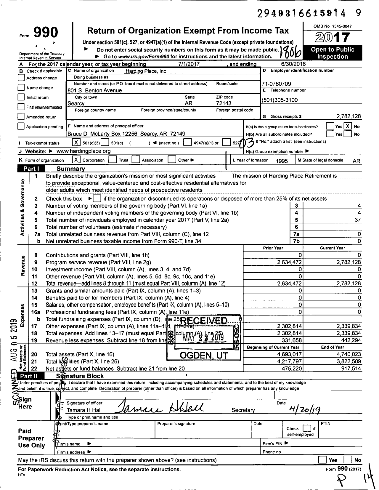 Image of first page of 2017 Form 990 for Harding Place