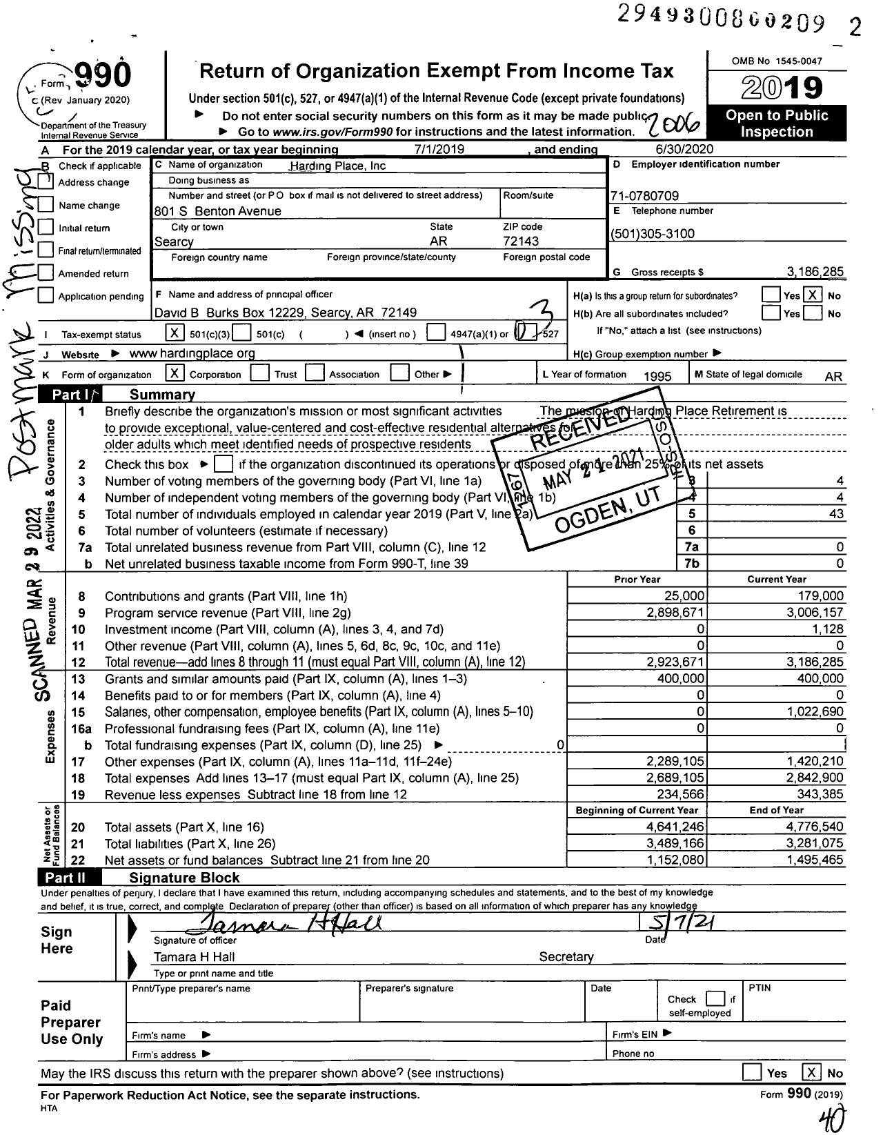 Image of first page of 2019 Form 990 for Harding Place