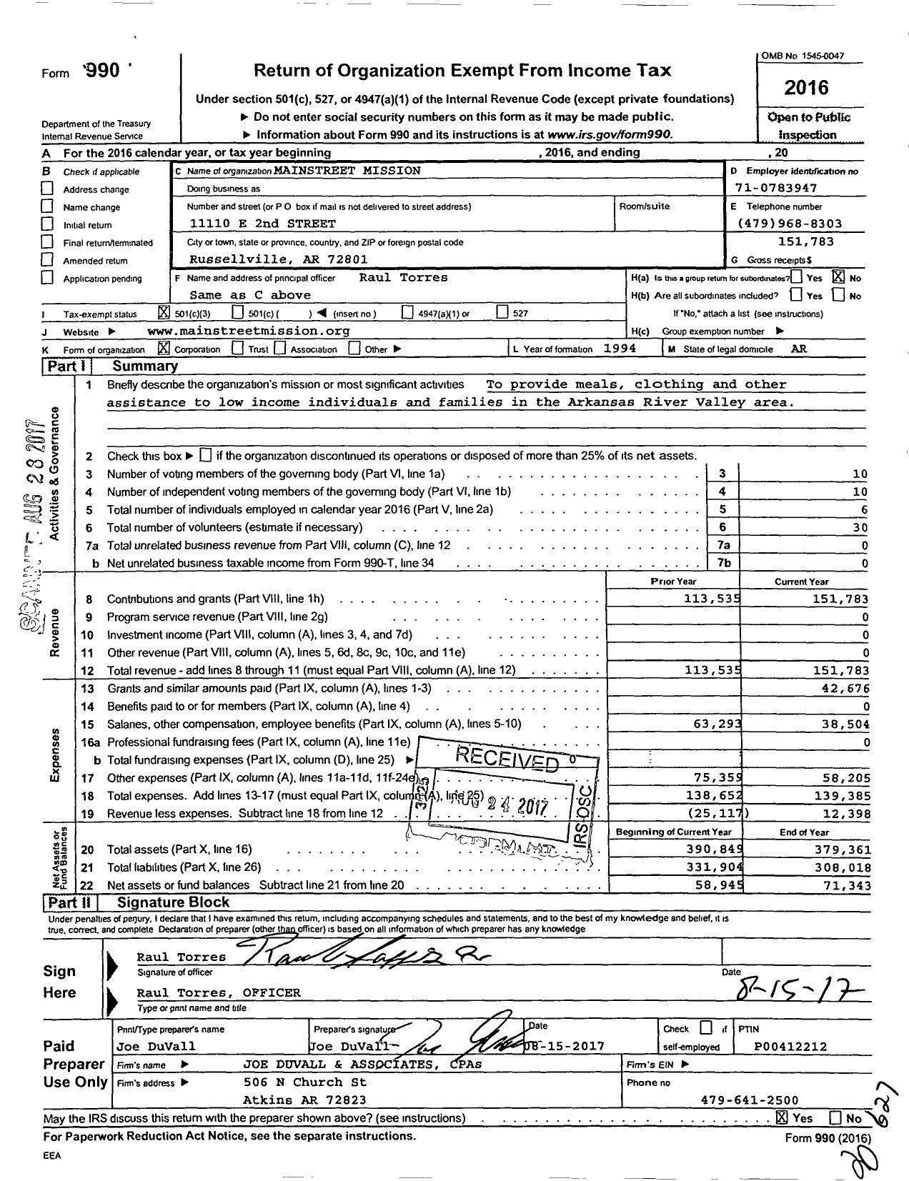 Image of first page of 2016 Form 990 for Mainstreet Mission