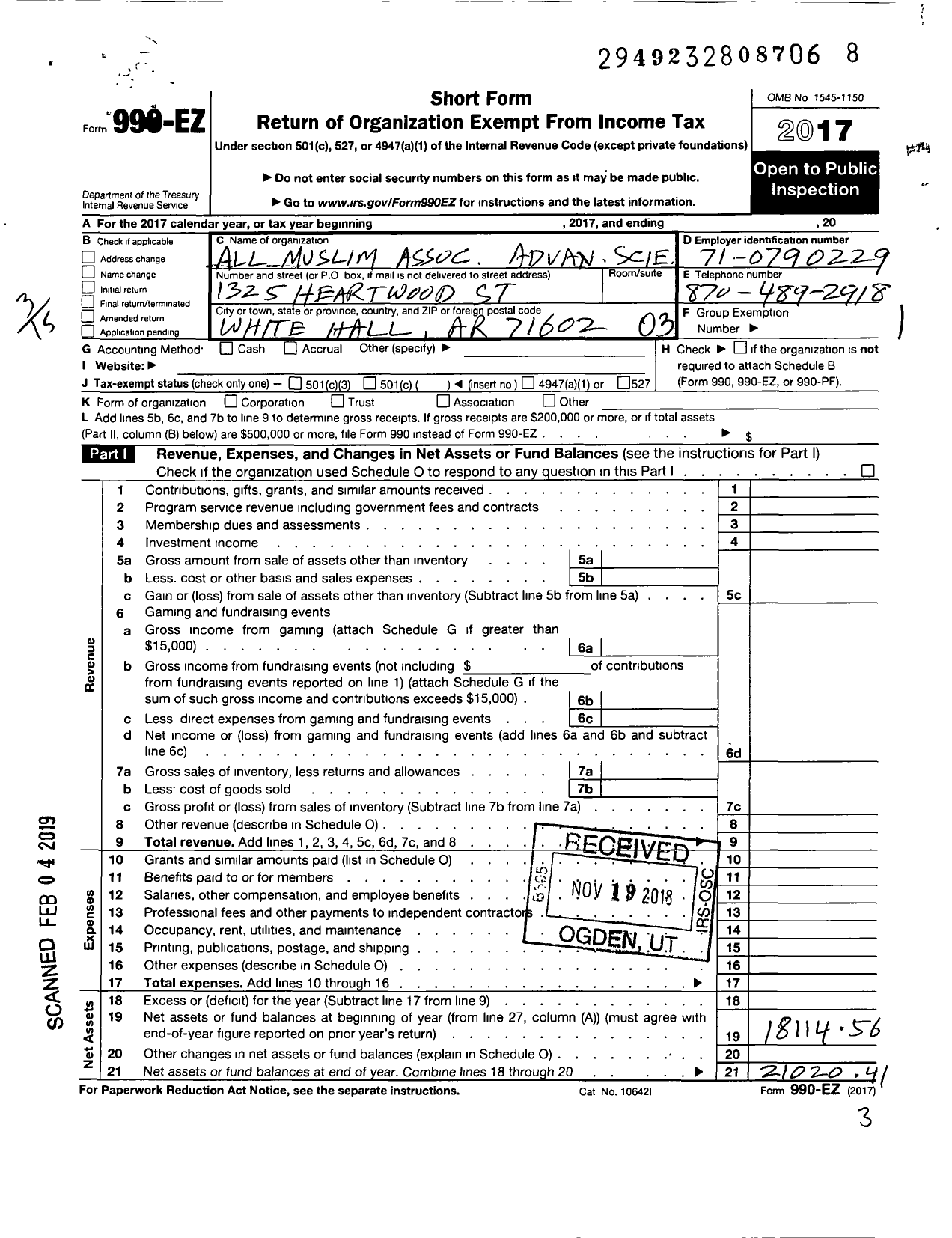 Image of first page of 2017 Form 990EZ for All Muslim Association Avd Scie