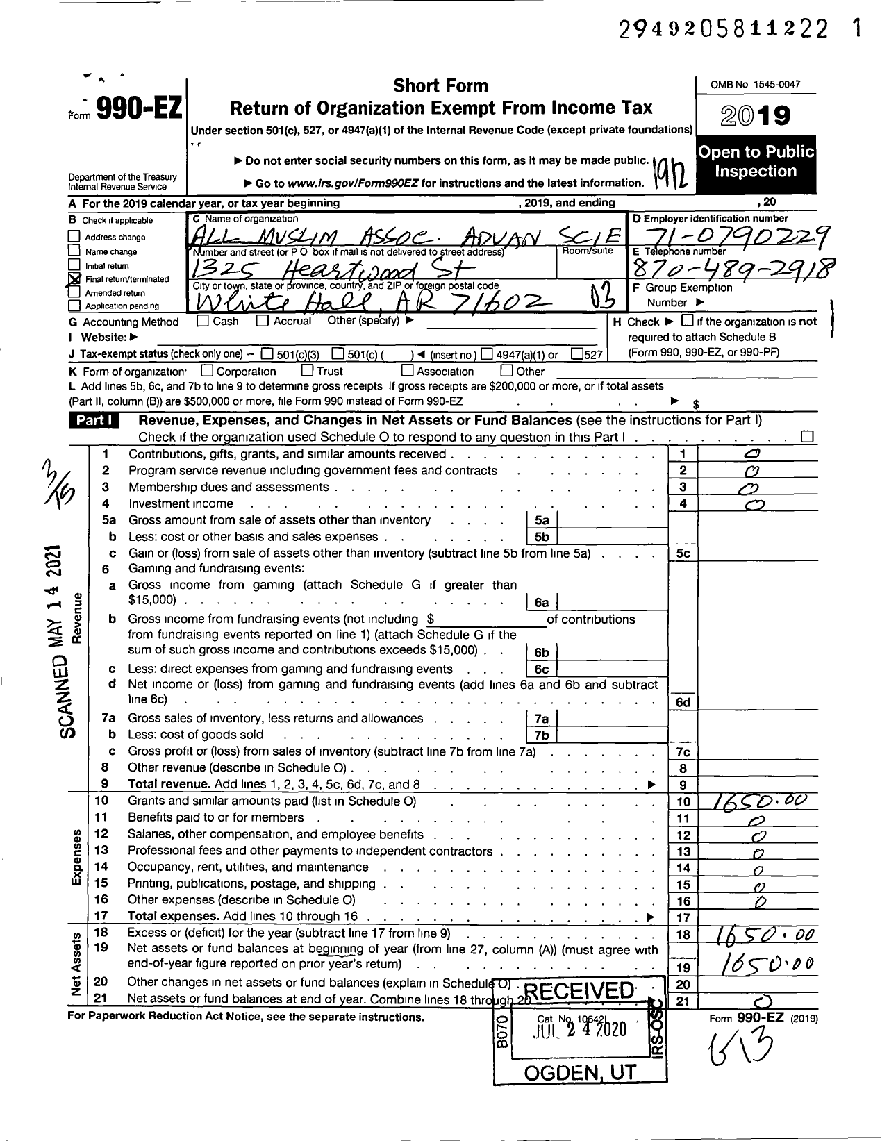 Image of first page of 2019 Form 990EZ for All Muslim Association Avd Scie