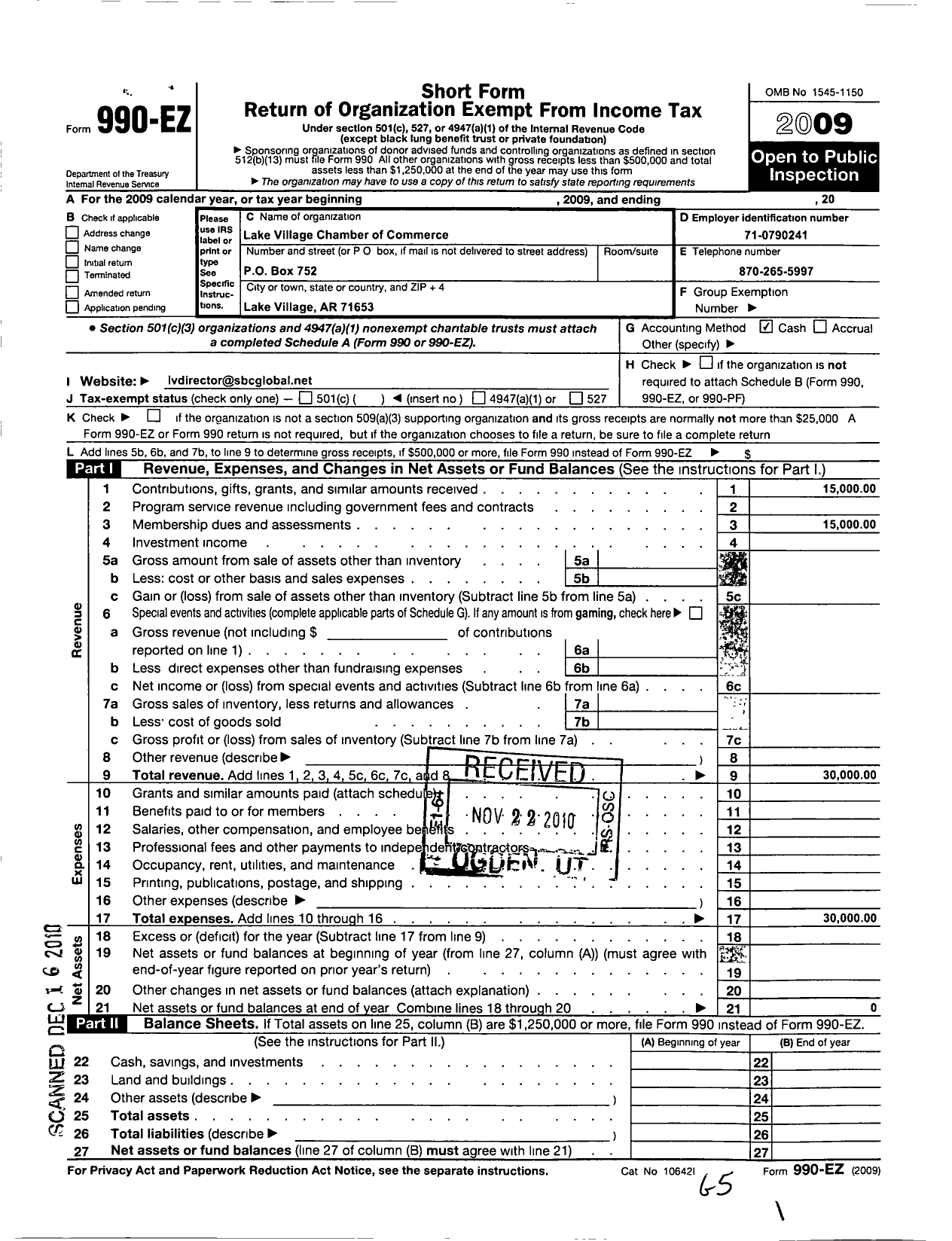 Image of first page of 2009 Form 990EO for Lake Village Chamber of Commerce