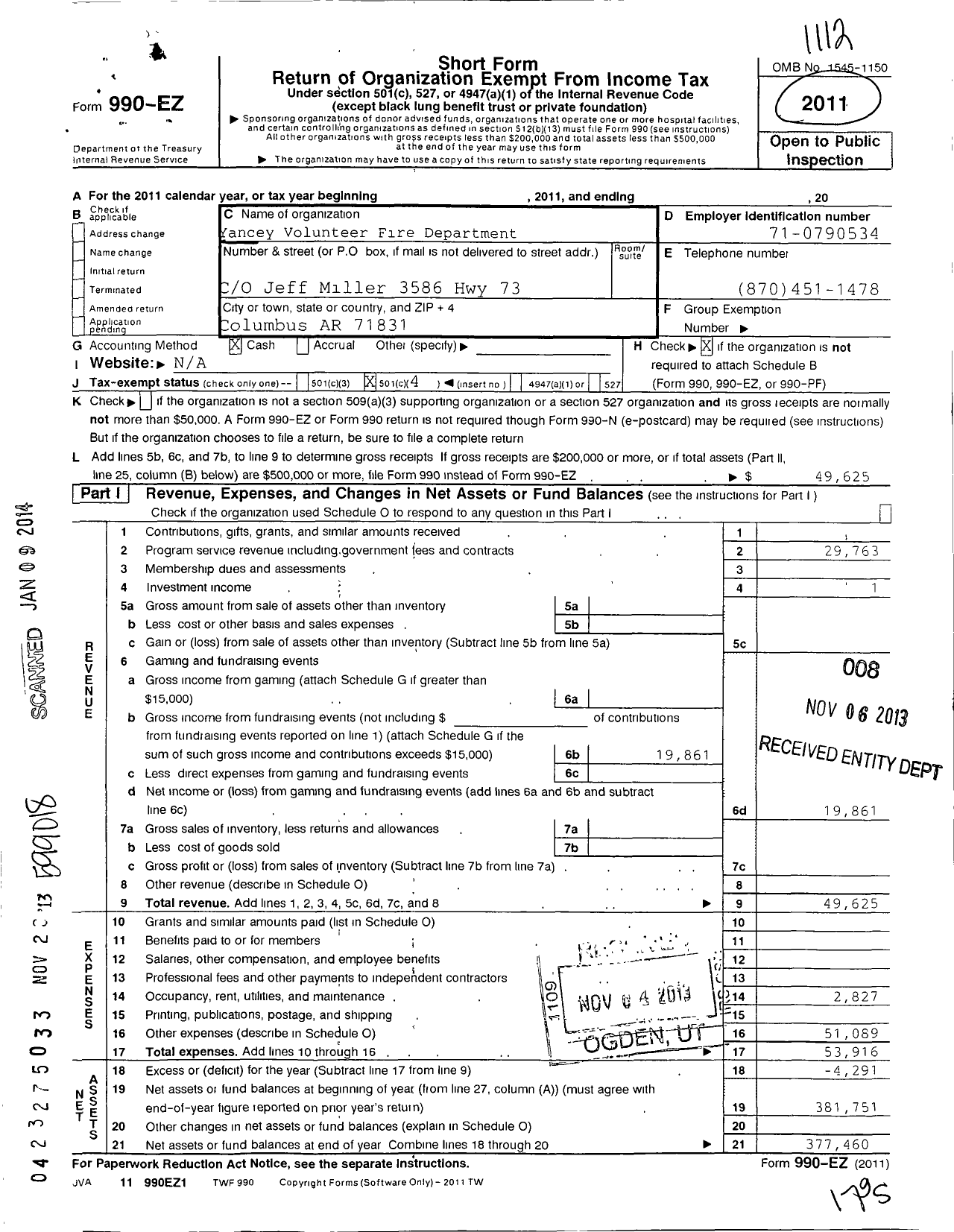 Image of first page of 2011 Form 990EO for Yancy Volunteer Fire Dept