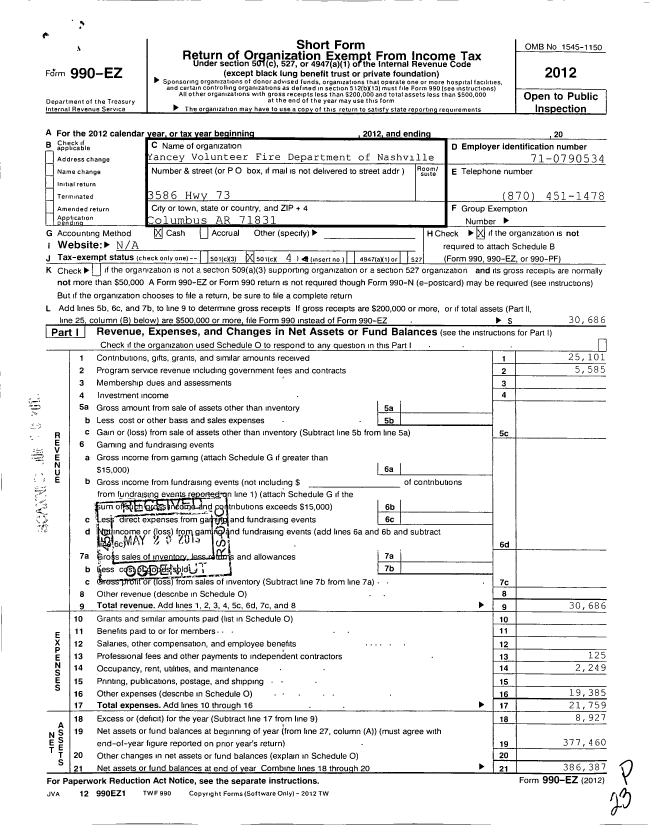 Image of first page of 2012 Form 990EO for Yancy Volunteer Fire Dept