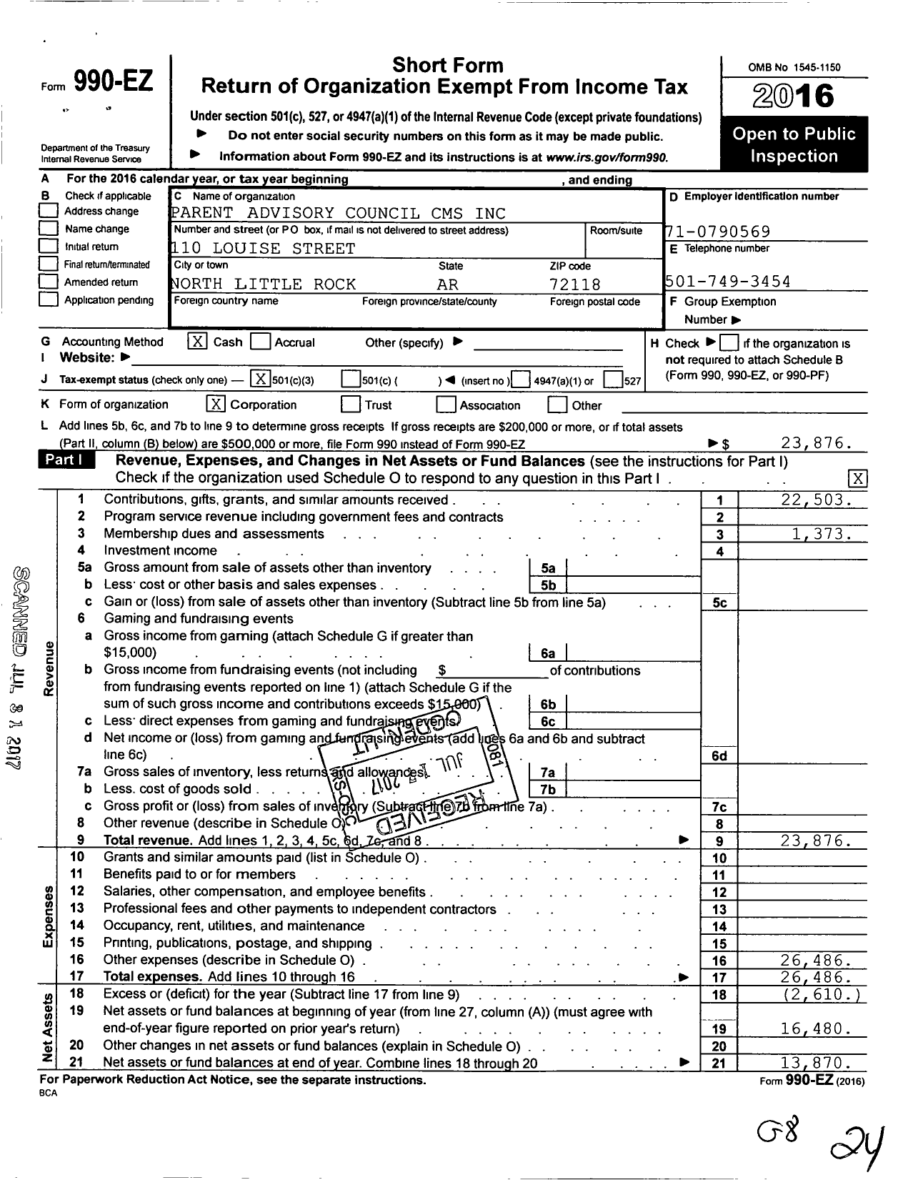 Image of first page of 2016 Form 990EZ for Parent Advisory Council CMS