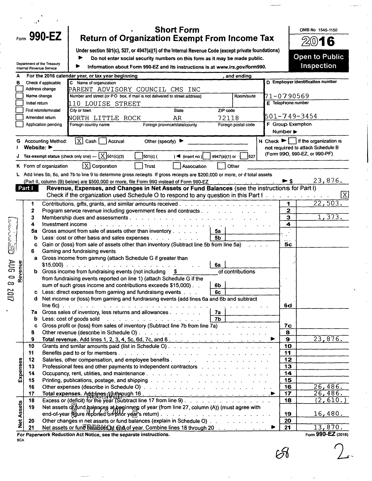 Image of first page of 2016 Form 990EZ for Parent Advisory Council CMS