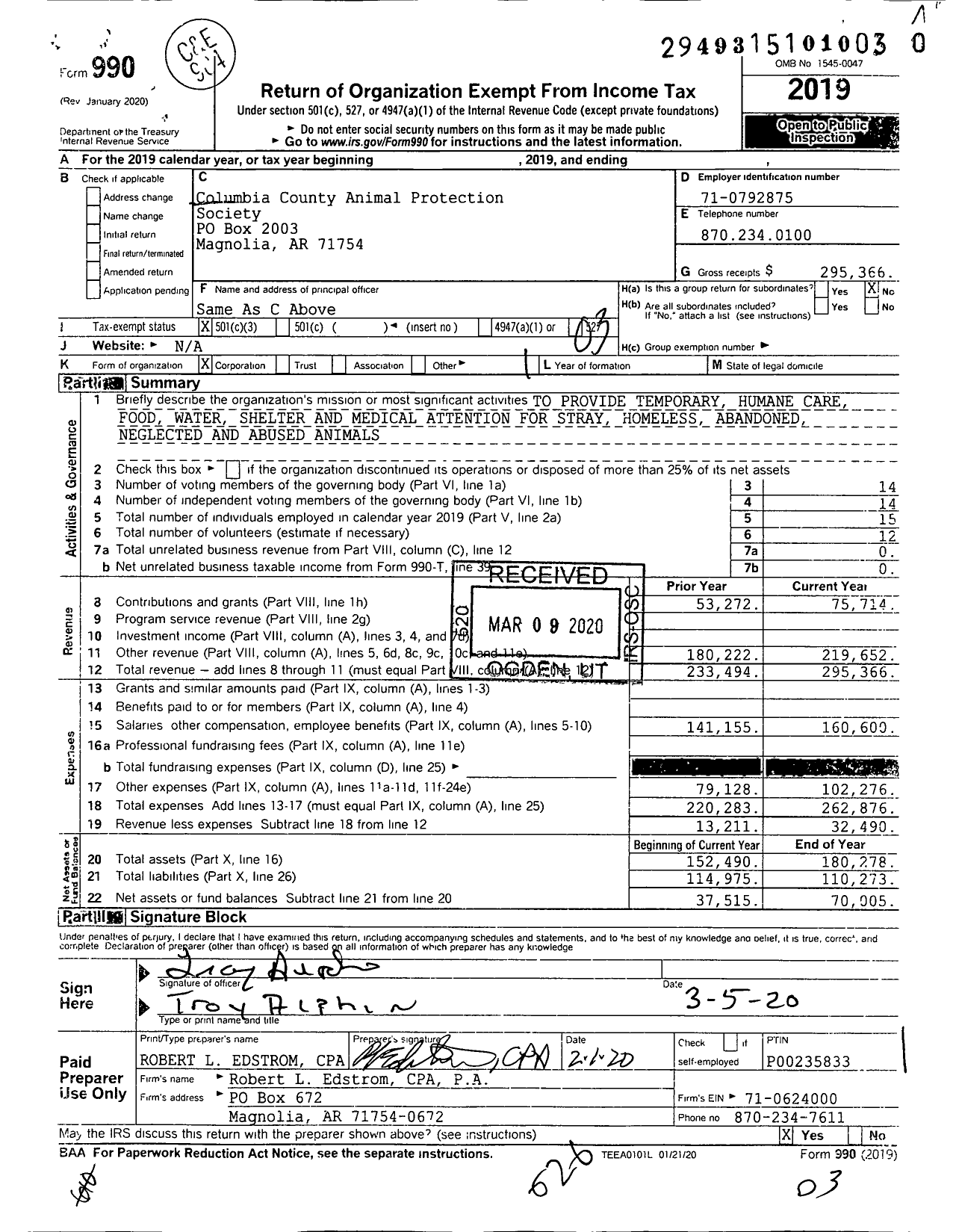 Image of first page of 2019 Form 990 for Columbia County Animal Protection Society