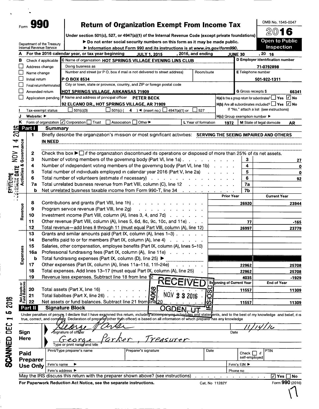 Image of first page of 2015 Form 990O for Lions Clubs - 3645 Hot Springs Village Evening