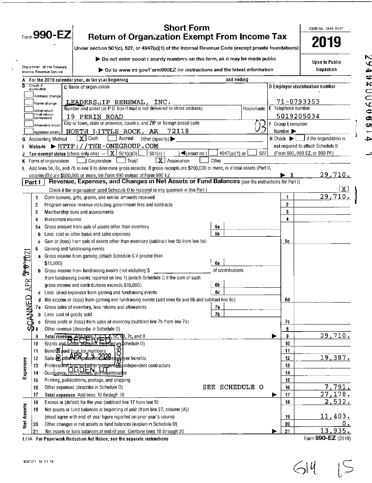 Image of first page of 2019 Form 990EZ for Leadership Renewal