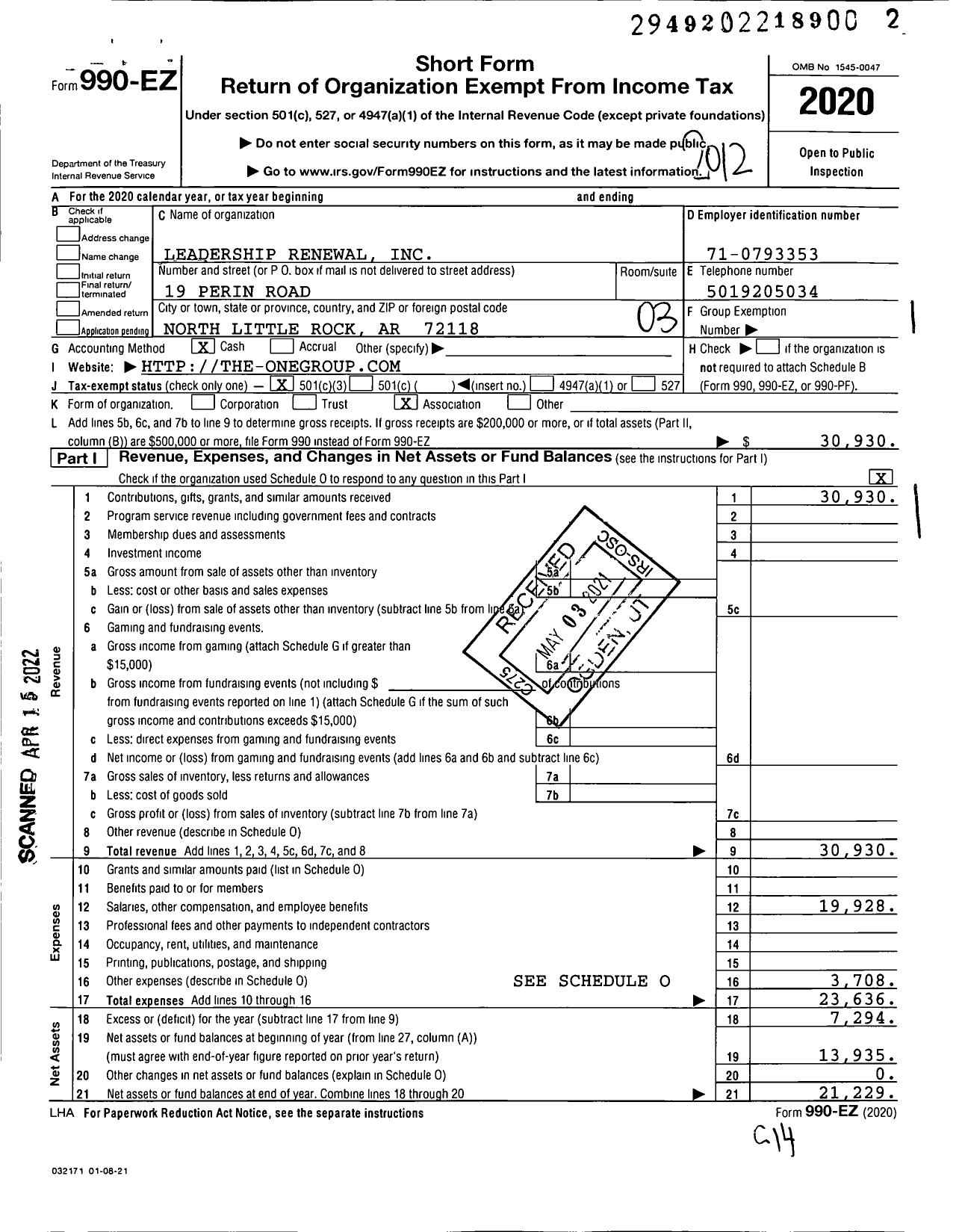 Image of first page of 2020 Form 990EZ for Leadership Renewal