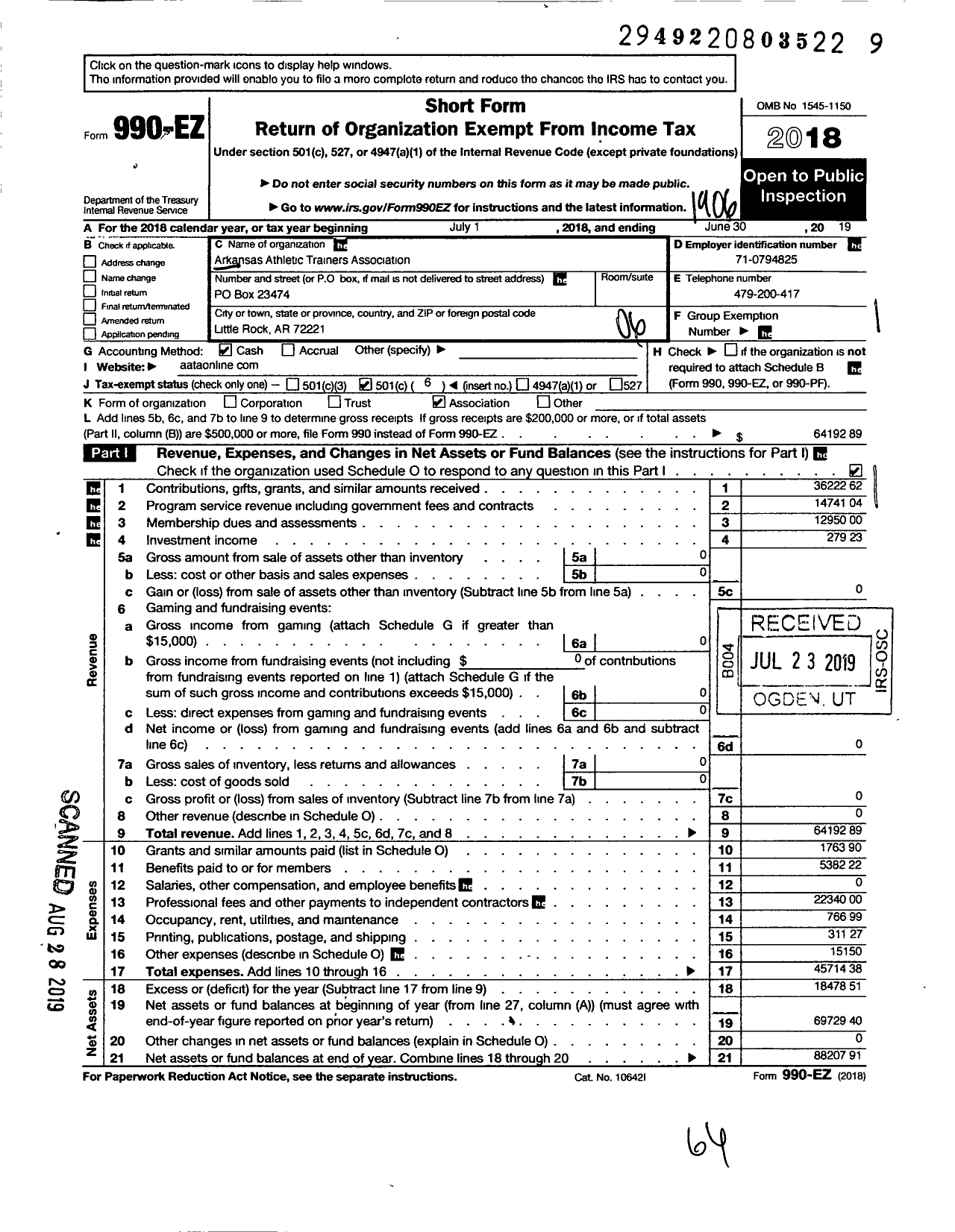 Image of first page of 2018 Form 990EO for Arkansas Athletic Trainers Association