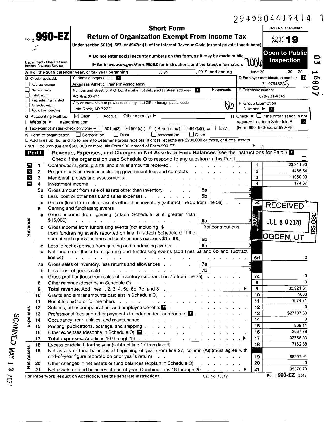 Image of first page of 2019 Form 990EO for Arkansas Athletic Trainers Association