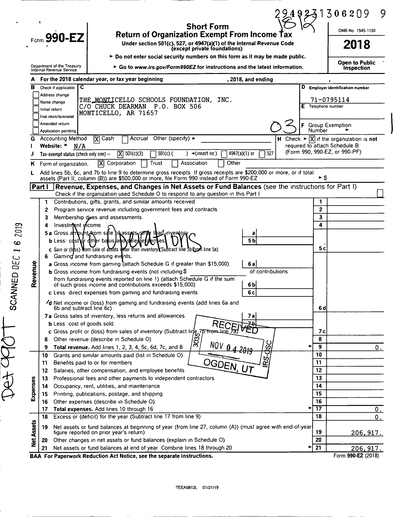 Image of first page of 2018 Form 990EZ for The Monticello Schools Foundation