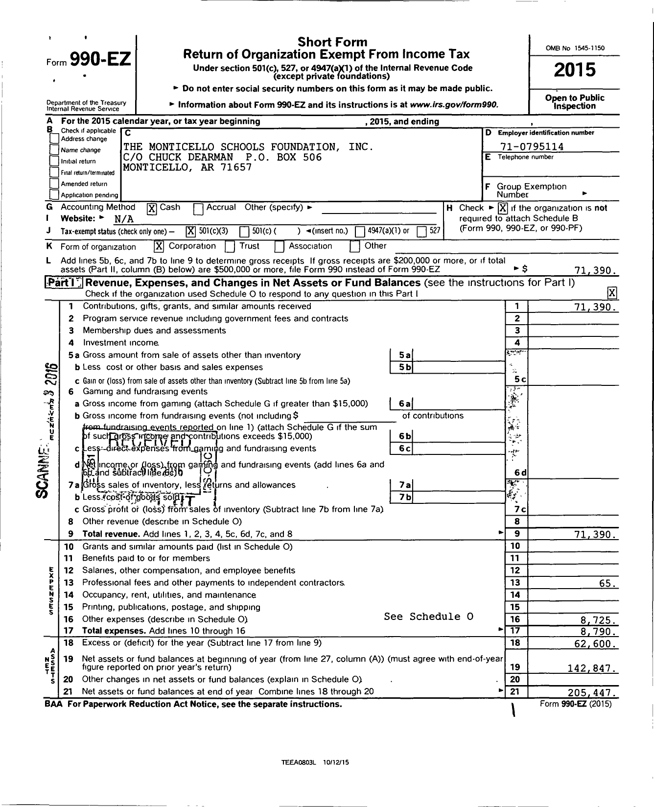 Image of first page of 2015 Form 990EZ for The Monticello Schools Foundation