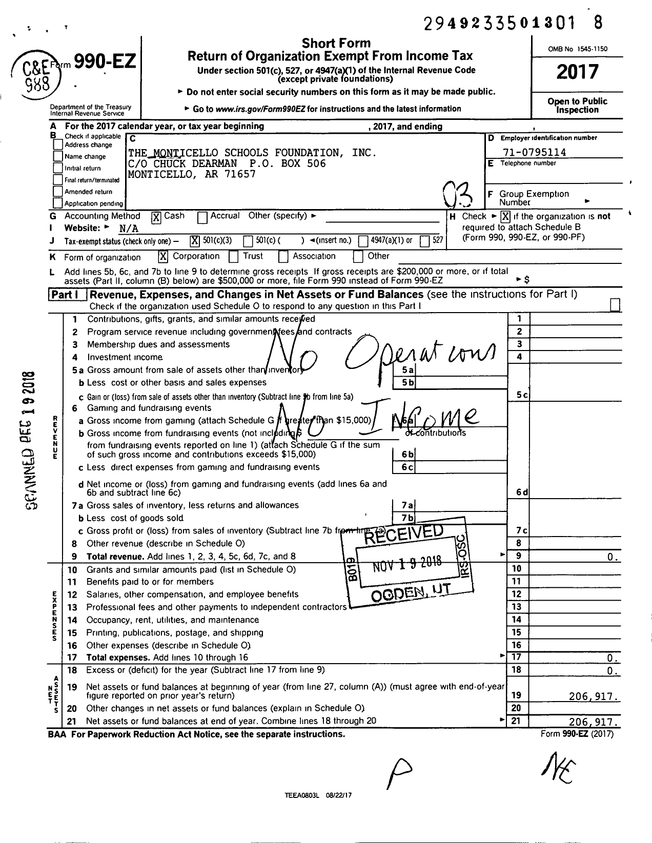 Image of first page of 2017 Form 990EZ for The Monticello Schools Foundation